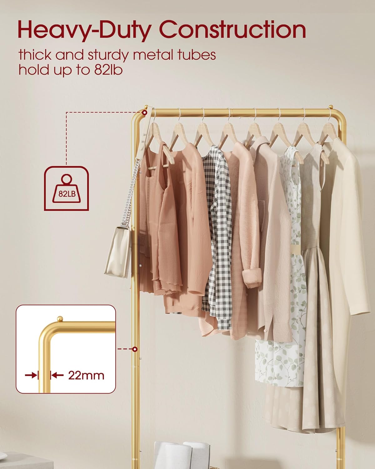 Clothes Rack - Clothing Rack with Storage Mesh Shelf & Casters, Heavy-Duty Metal Clothing Rack for Hanging Clothes, Dresses, Coats, Large Load Capacity, Easy Assembly, Gold, 28.0x16.9x59.0