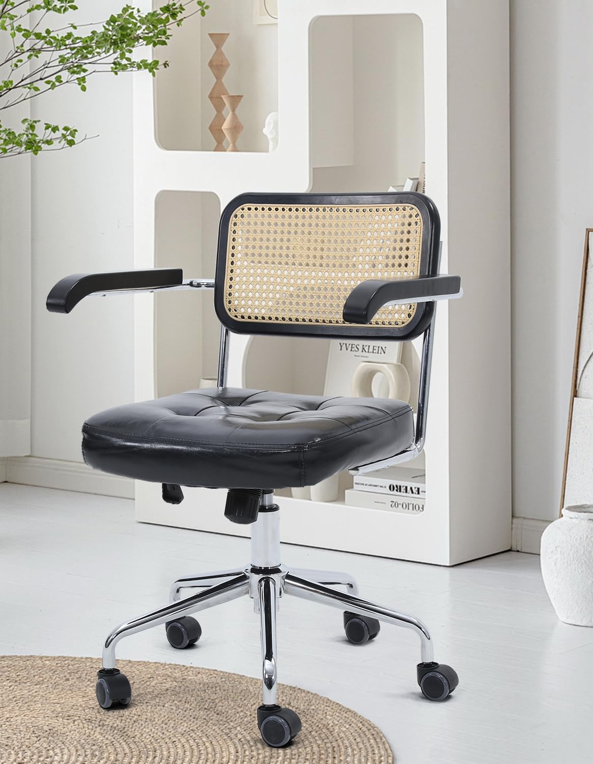 Murago Mid Century Modern Rattan Desk Chair, Vintage Rattan Office Chair, 360° Swivel, Height and Tilt Adjustment, Black Leather，with Armrests