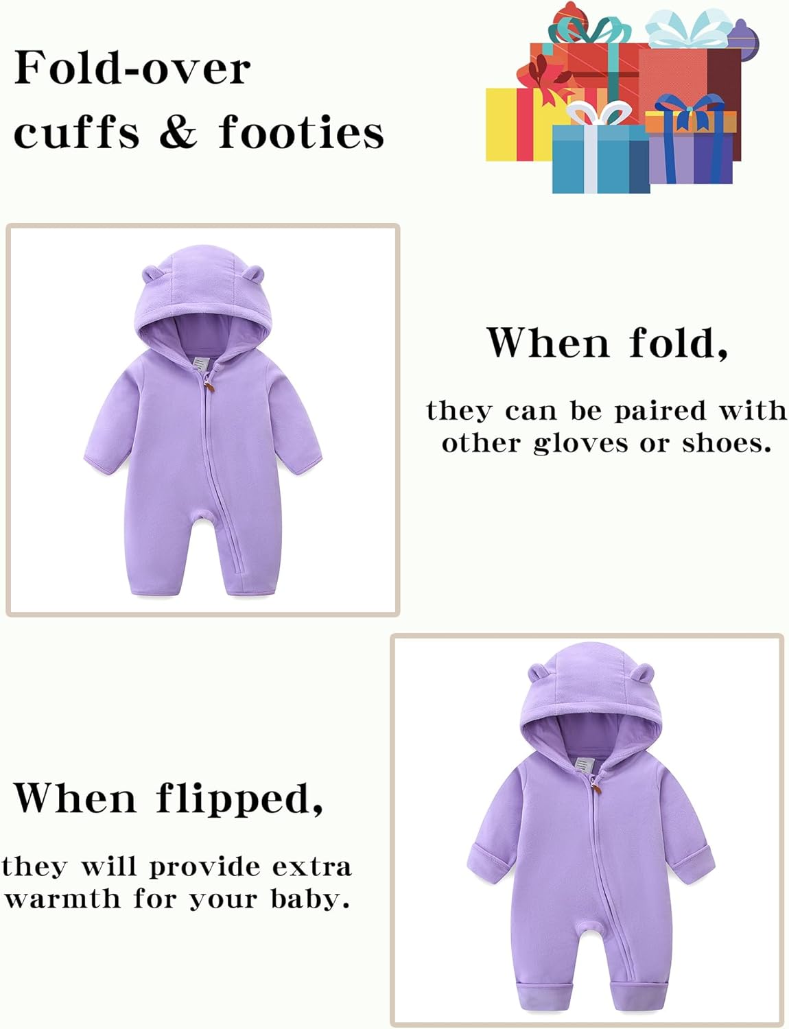 Newborn Baby Bear Onesie Winter Snowsuit With Fold-over Mittens & Footies Zip Up Baby Fleece Jumpsuit 0-18M - Image 7