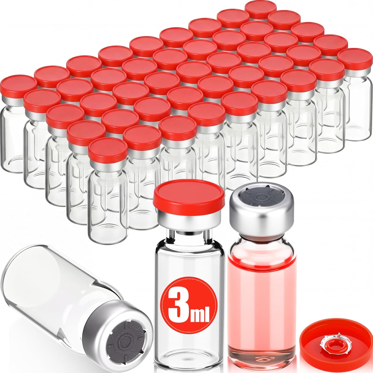 50 Pcs 3ml Sealed Sterile Empty Vials with Self Healing Injection Port Clear Glass Empty Vials with Plastic-aluminum Flip Cap and Rubber Injection Stoppers Flat Bottom Lab Vial (Blue Lid)
