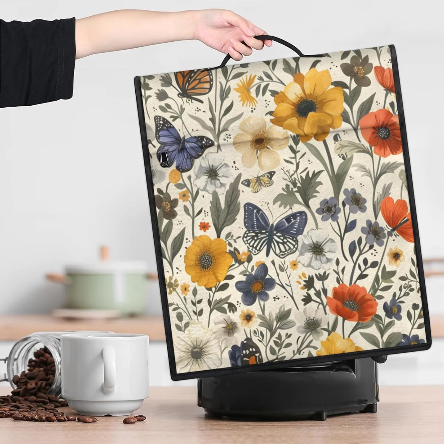 Kitchen Aid Mixer Cover, Blender Covers for Kitchen Counter, 6-8 Quarts Kitchen Mixers Accessories Dust Covers for Stand Mixer Coffee Maker with Top Handle and Zipper Pocket (Butterflies & Flowers)