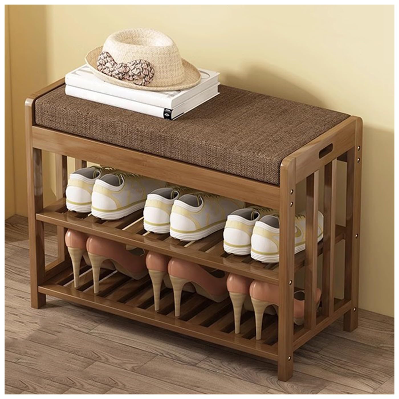 Banc à chaussures en bambou 2 niveaux petit espace avec siège rembourré amovible marron