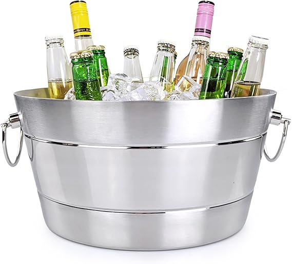 BREKX Stainless Steel Ice Bucket for Parties, Double Wall Insulated Anchored Brushed Drink Tub & Wine Bucket with Double Hinged Handles, Drink Chiller for Parties, 12QT (3 Gallon), 100% Leak Proof