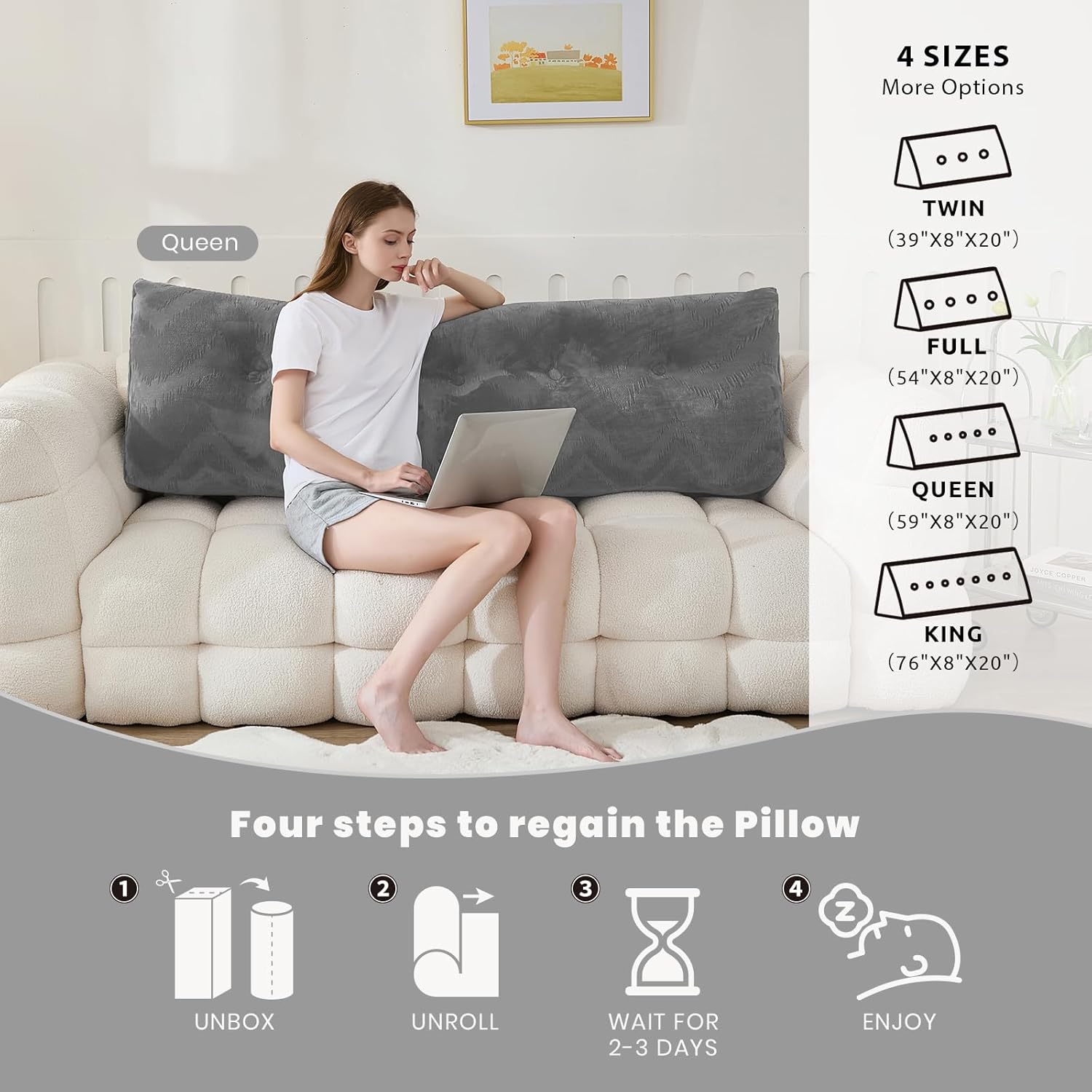 Zelladorra Headboard Pillow for Bed,Triangular Wedge Pillow Headboard Soft Support While Reading and Resting,Bed Bolster Cushion Headboard with Removable Cover,Grey, Queen (59"x8"x20")