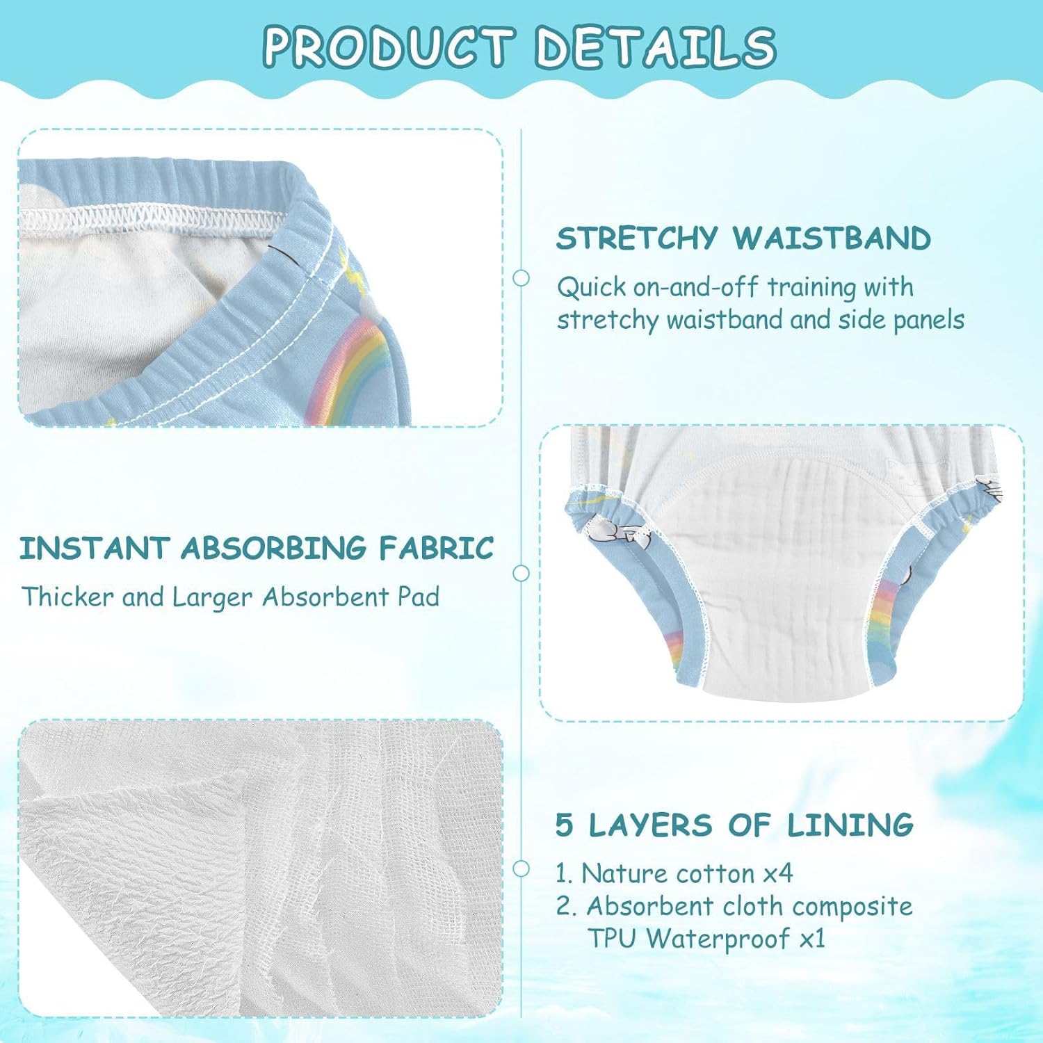 Baby Girls Underwear Potty Training Pants Reusable Cute Animal Cat Rainbow Lightening Overnight Potty Training
