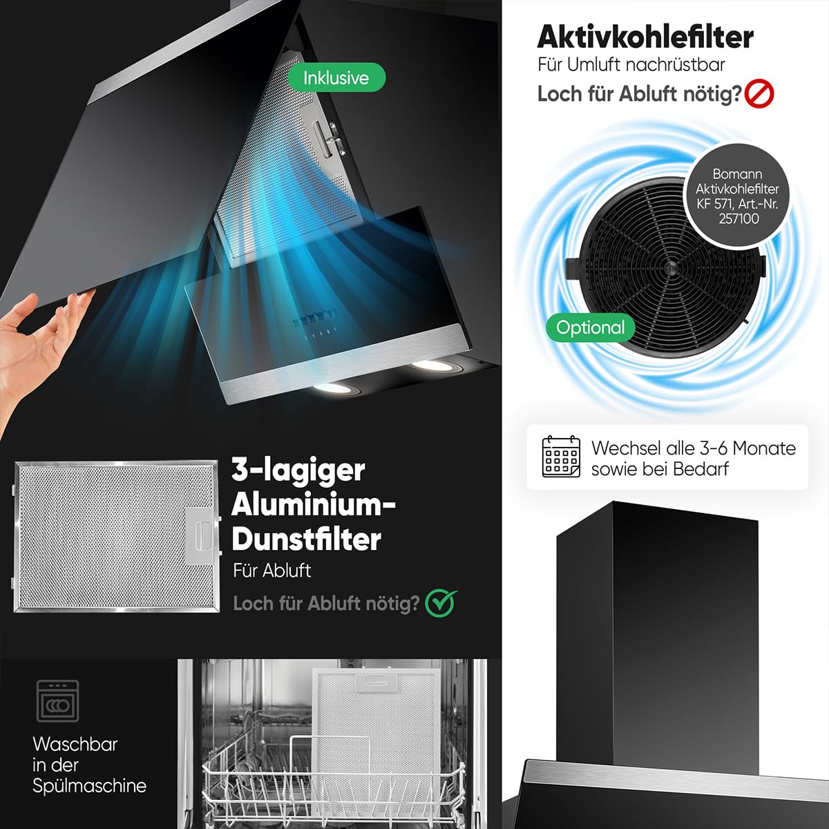 Bomann Dunstabzugshaube 60 cm | Umluft & Abluft | Energieeffizienzklasse B | leise | Abzugshaube mit 3 Leistungsstufen | inkl. Montagematerial | Schwarz | DU 7610 G