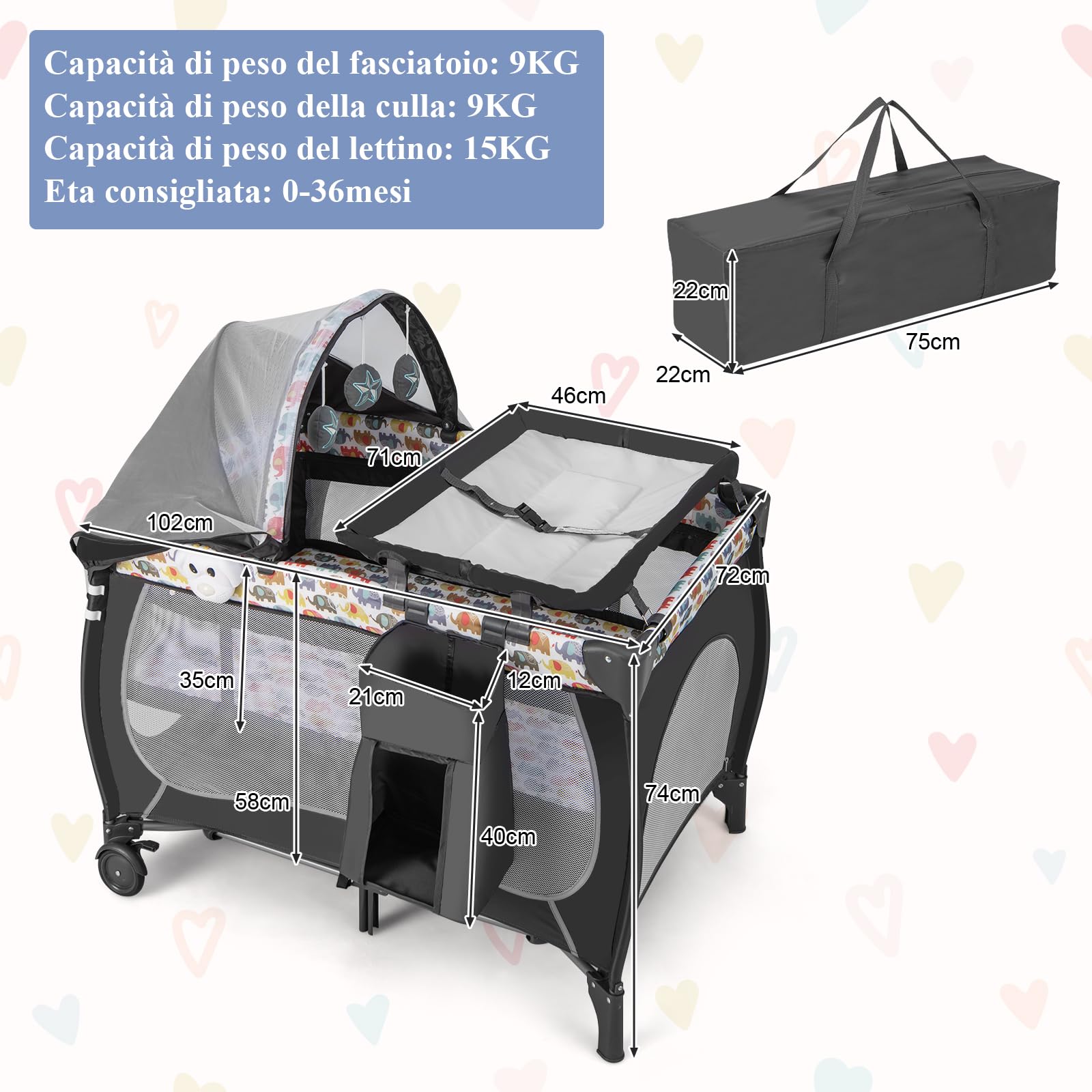 RELAX4LIFE 4 in 1 Lettino da Campeggio per Neonati, Culla da Viaggio con Fasciatoio, Baldacchino Retrattile con Zanzariera, Adatto a Bambini da 0 a 36 Mesi (Elefanti Colorati)