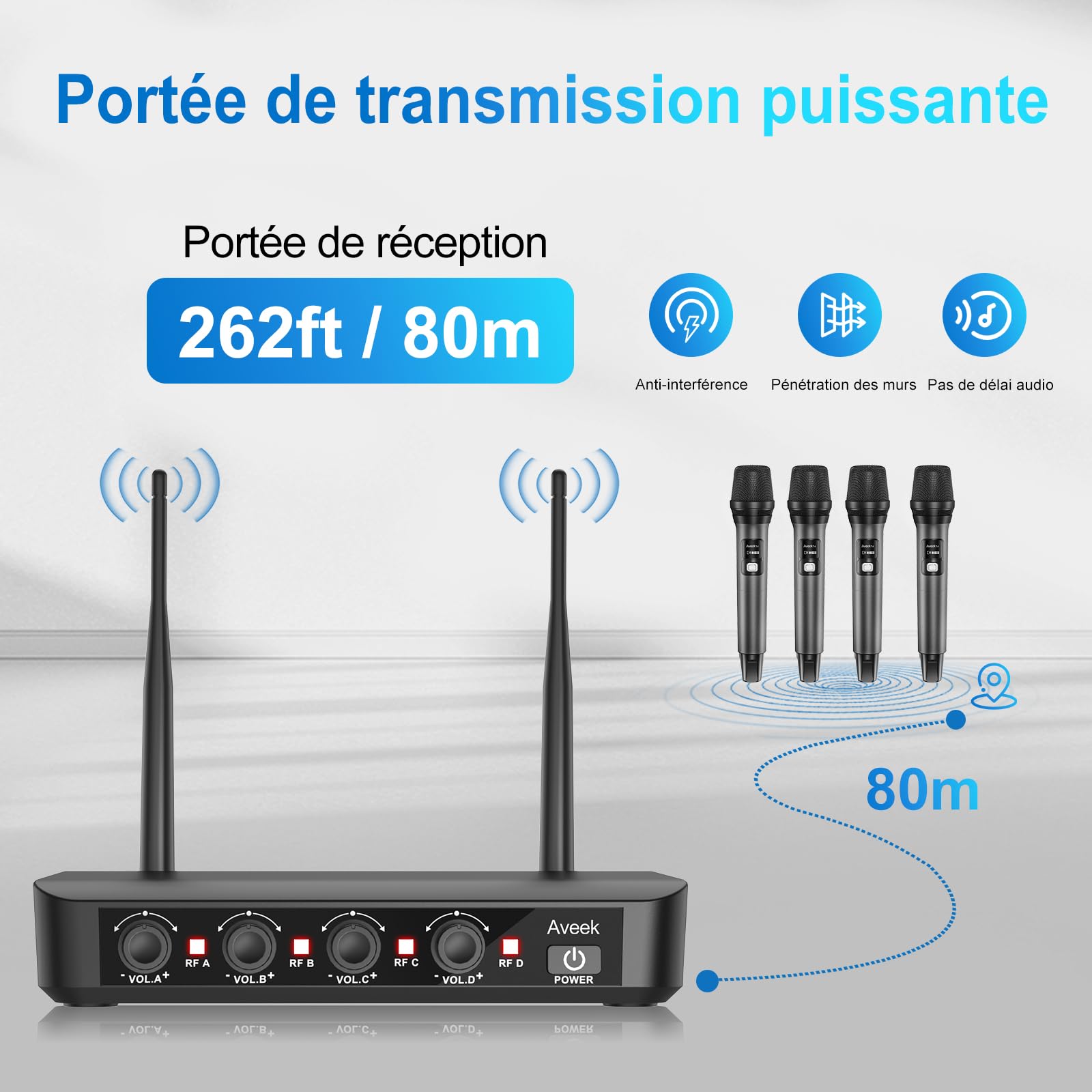 Aveek Système de microphone sans fil avec lot de 4 micros dynamiques portatifs, portée de 80 m, batterie de 40 heures, son de studio à faible latence pour karaoké, chant, discours, église, scène