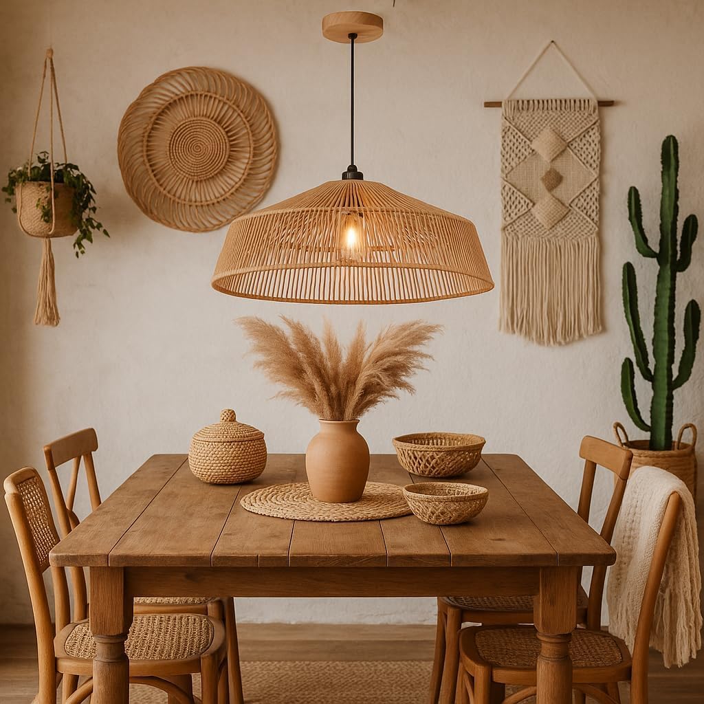 Lampadario a Sospensione in Stile Boho 40/50cm, Paralume in Rattan/Filo di Corda, Attacco E27, Altezza Regolabile, Illuminazione per Cucina Soggiorno Sala da Pranzo – Naturale LP-48 (G 50CM)