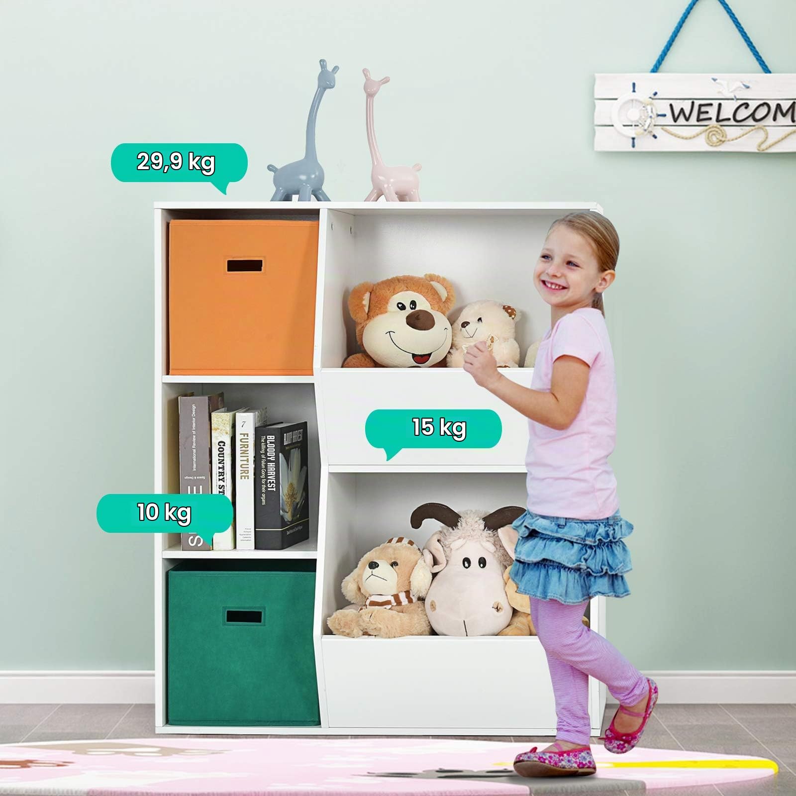 DREAMADE Bibliothèque d'angle Enfant à 3 Niveaux Meuble de Rangement Garçon et Fille avec Tiroirs en Tissu,Dispositif Anti-basculement Étagère pour Jouets,Livres,Chambre,Salon (Blanc, 5 Casiers)