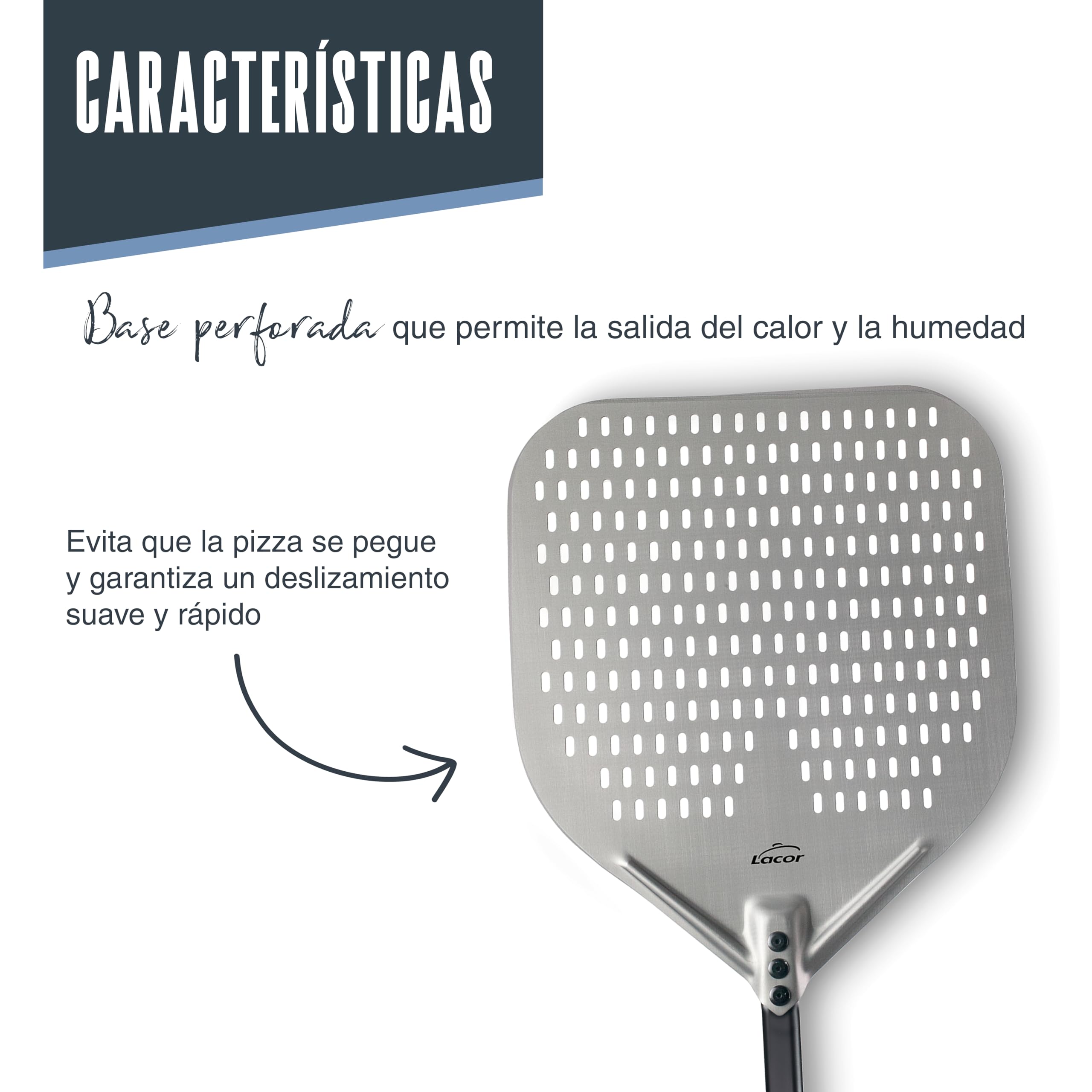 LACOR - 61466 - Pala Pizza Fuoco, 30 x 30 x 120 cm, Aluminio Anodizado, Base Perforada, Uso Profesional, Apta para Hornos de Piedra, Leña o Eléctricos, Ligera, Robusta y Manejable