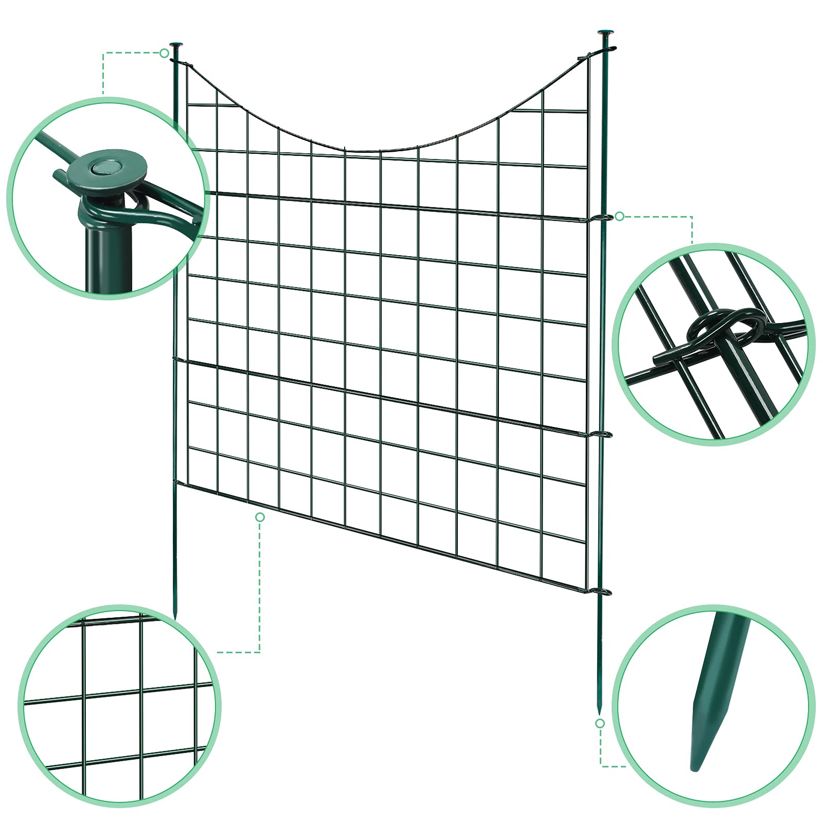 Teichzaun Gartenzaun, 10 Stück Gartenzäune Dekorative Metall 22 Zaunelemente- 10 Zaunelemente 12 Befestigungsstäbe, Länge 7,5 m Zaun für den Garten, Zaun für Hunde (Unterbogen, Grün)