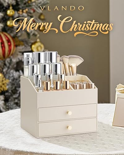 Miniatura 2 de Vlando Organizador de maquillaje para tocador, organizador de encimera de gran capacidad con cajones, vitrina de cosméticos de piel sintética para
