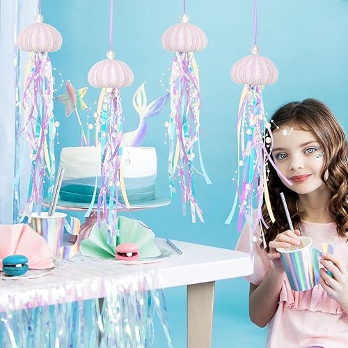 Miniatura 5 de 4 piezas de medusas decorativas para fiestas temáticas de sirena y decoraciones de fiesta bajo el mar, manualidades naturales de erizo de mar hechas
