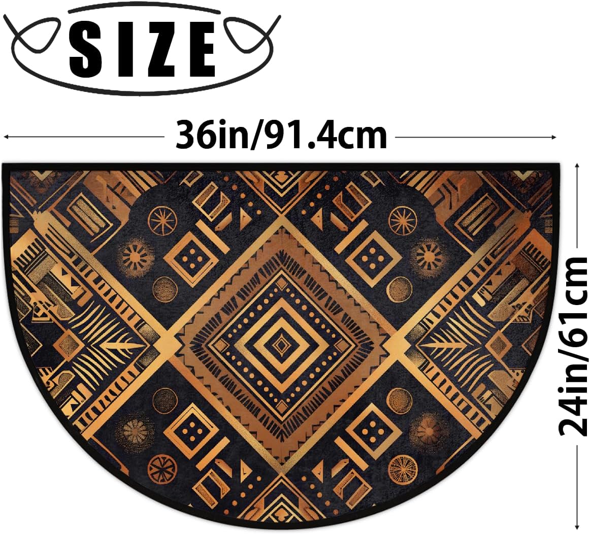 Half Round Doormat Non-Slip Washable Geometric Ethnic Abstract Gold Semi Circle Rug Soft Absorbent Half Moon Mat for Indoor Outdoor Entrance Kitchen Bathroom Sink Patio Welcome Fireplace Floor Rug