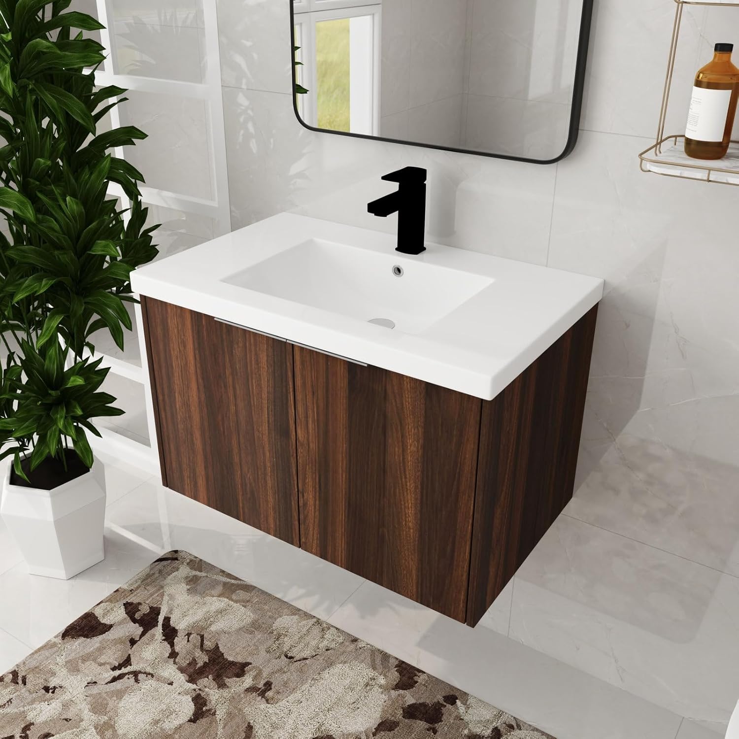 30 Inch Bathroom Vanity with Sink Wall Mounted, Modern Floating Bathroom Vanity Set with Ceramic Top Basin & Storage Cabinet & Soft Double Door, 30" Bathroom Cabinet with Sink, Walnut