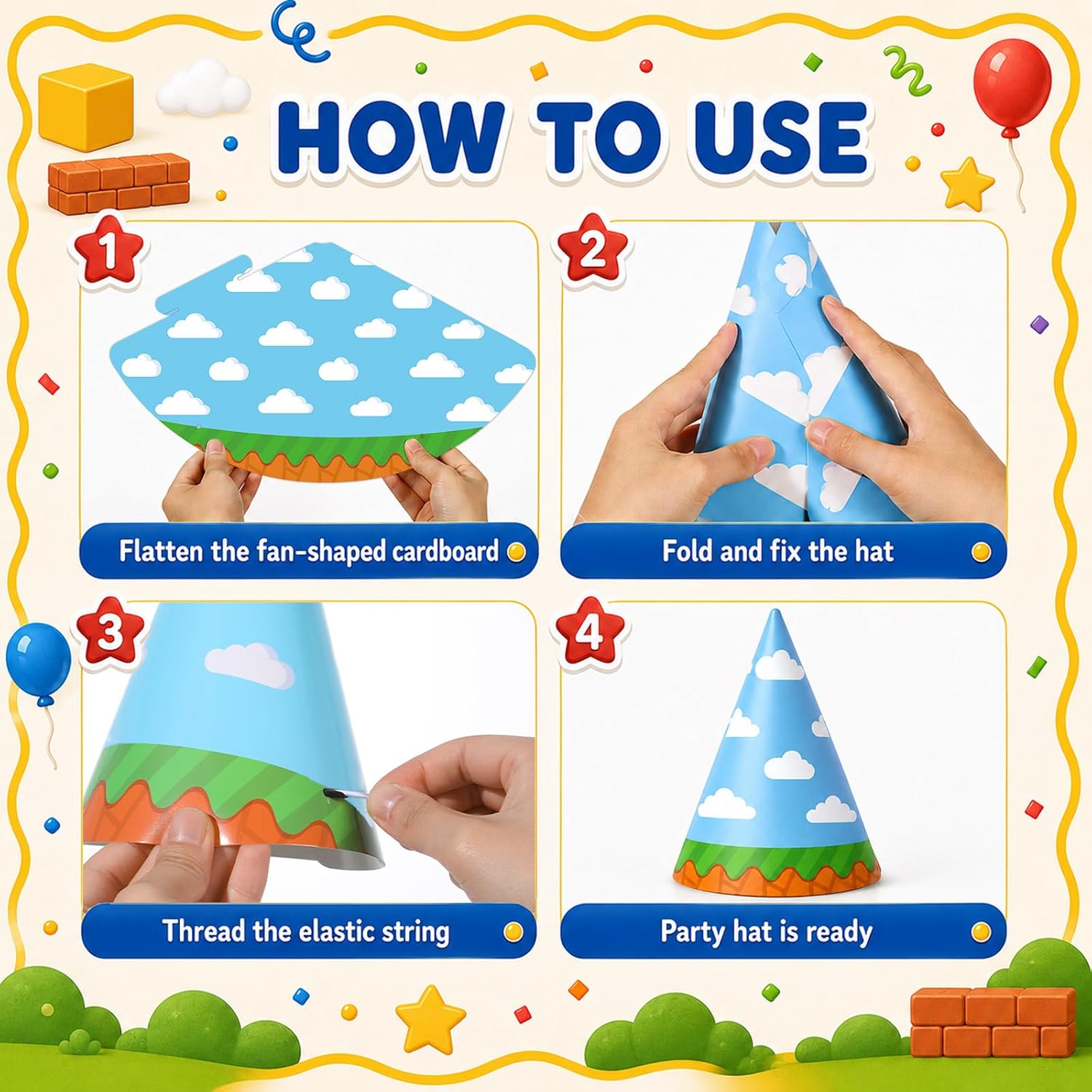 24PCS Super Cartoon Birthday Party Hats Video Game Bros Themed Party Decoration Brick Mushroom Star Headwear Cute Cartoon Brother Crown Headband Decoration for Adults Birthday Cosplay Supplies