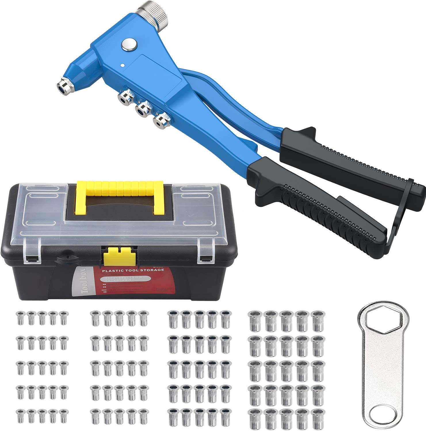 eSynic 100 Pcs Heavy Duty 10" Hand Riveter Nut Gun，Threaded Rivet Nut Kits Set Nut Rivet Tool,Riveter Rivet Nutsert Gun,Hand Riveter Nut Gun，Threaded Insert Tool Rivet Nut Kit Include M3 M4 M5 M6