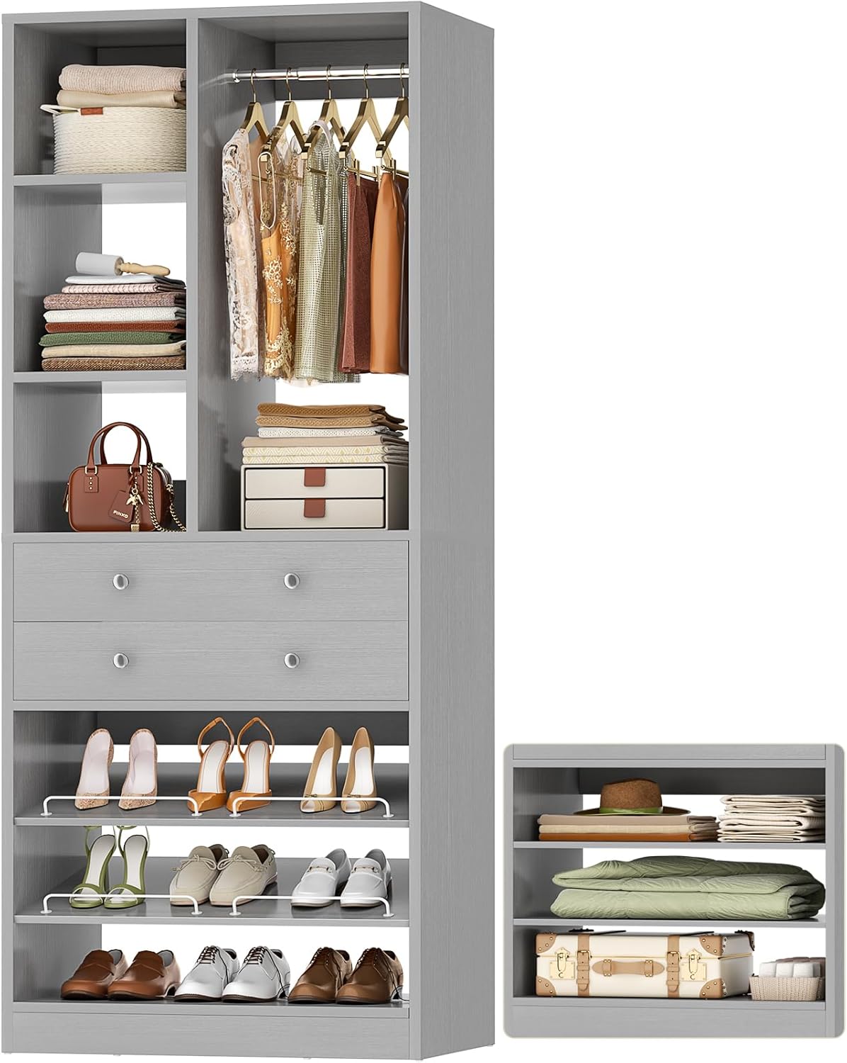 Small Closet System, 28"/2.3 FT Wood Closet Organizer System with Drawers and Shelves, Walk-in Closet Systems for Small Closets, Free Standing Reach in Closets Tower, Morandi Grey