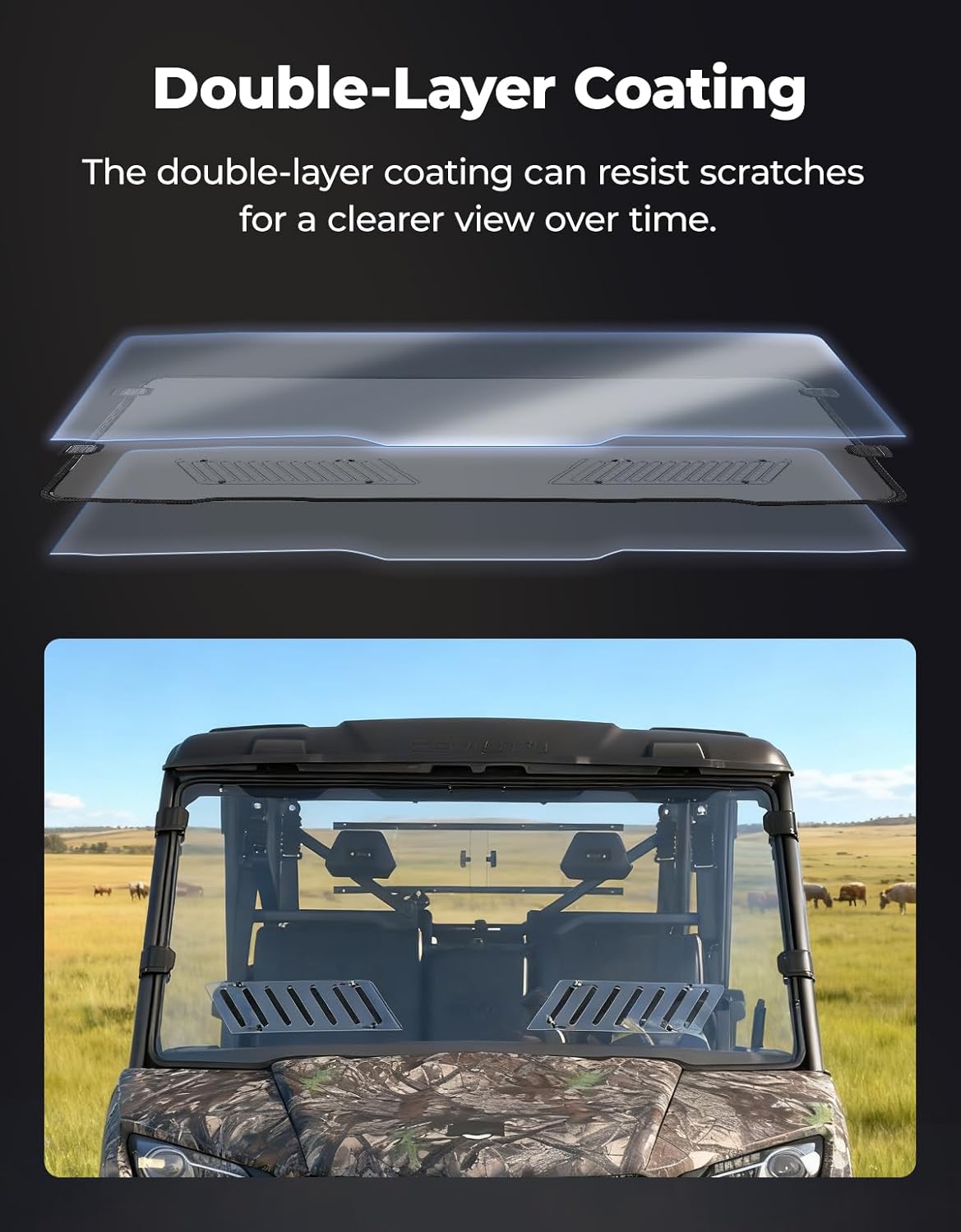 KEMIMOTO Vented Front Windshield Compatible with CFMOTO UFORCE 1000/1000XL, Scratch Resistant Windshield with Pre-Installed Rubber Strips Front Window Accessories(Not fit U10 Pro,600,800 XL)