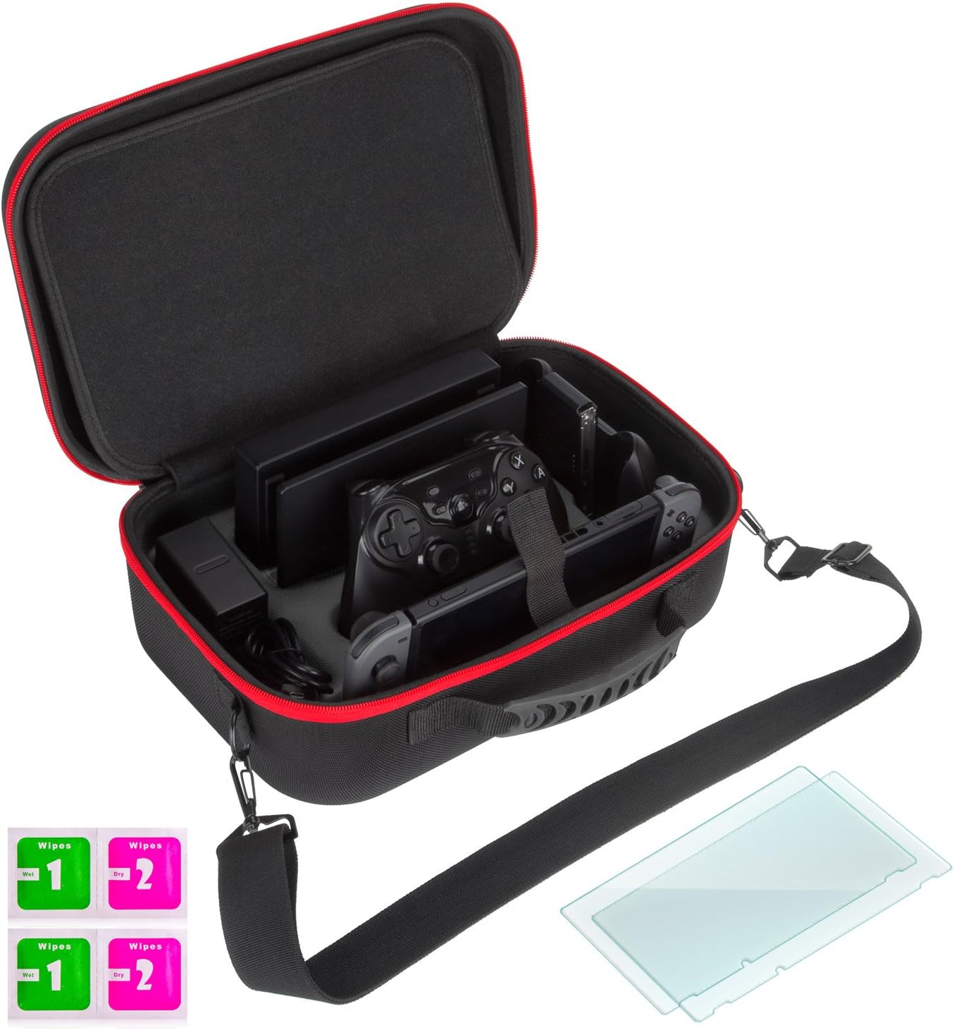 Carry All Case for Nintendo Switch, Accessories, Traveler Messenger Bag, Travel Deluxe System Case with 2 Screen Protectors, Fit Pro Controller, Dock, Adapter, Grip, HDMI Cable, Games, Hard Shell