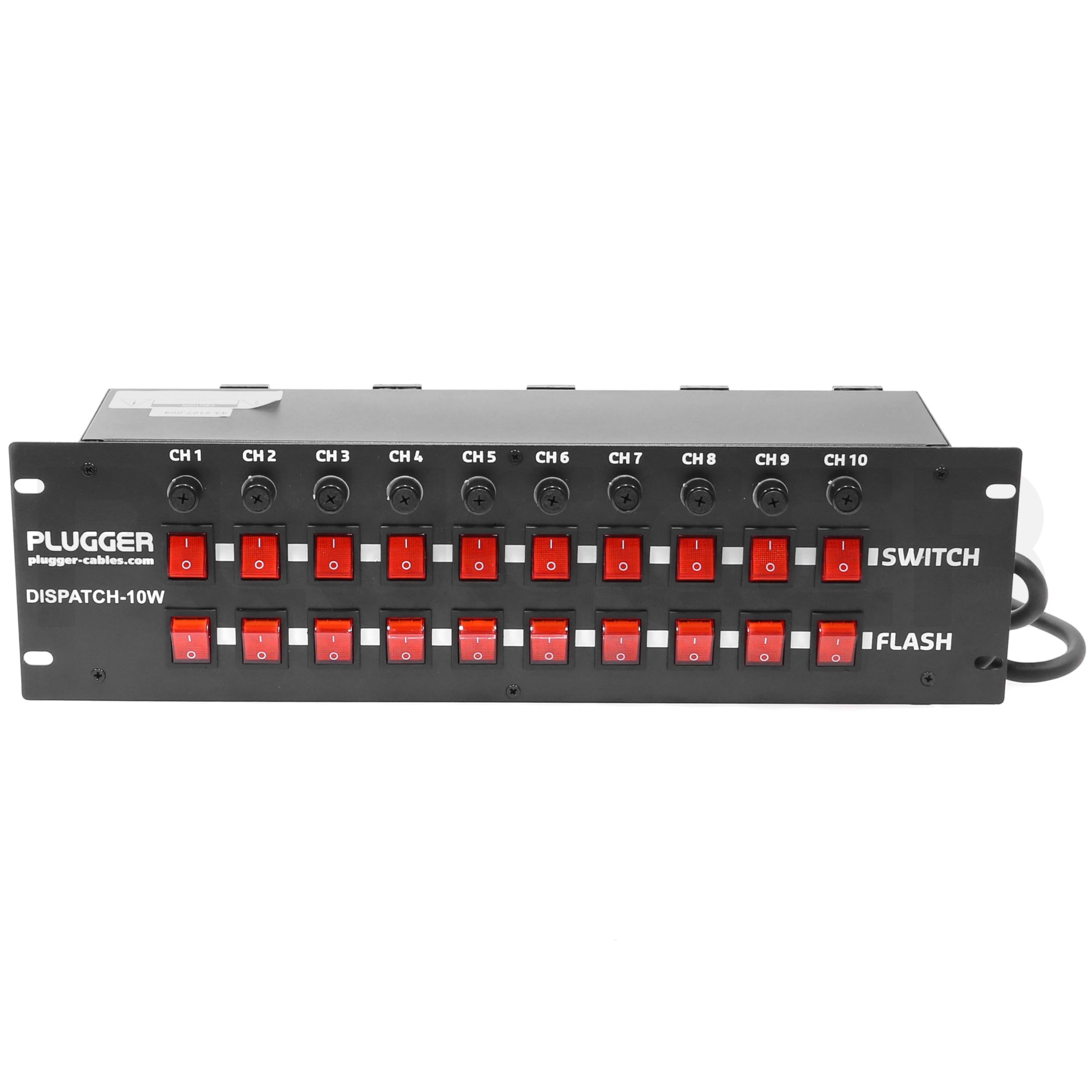 Boitier répartiteur 10 canaux Dispatch-10W Plugger. 10 Sorties 220V, avec 10 interrupteurs indépendants, 10 Boutons Flash, Protection par fusible. Format Rack 19".