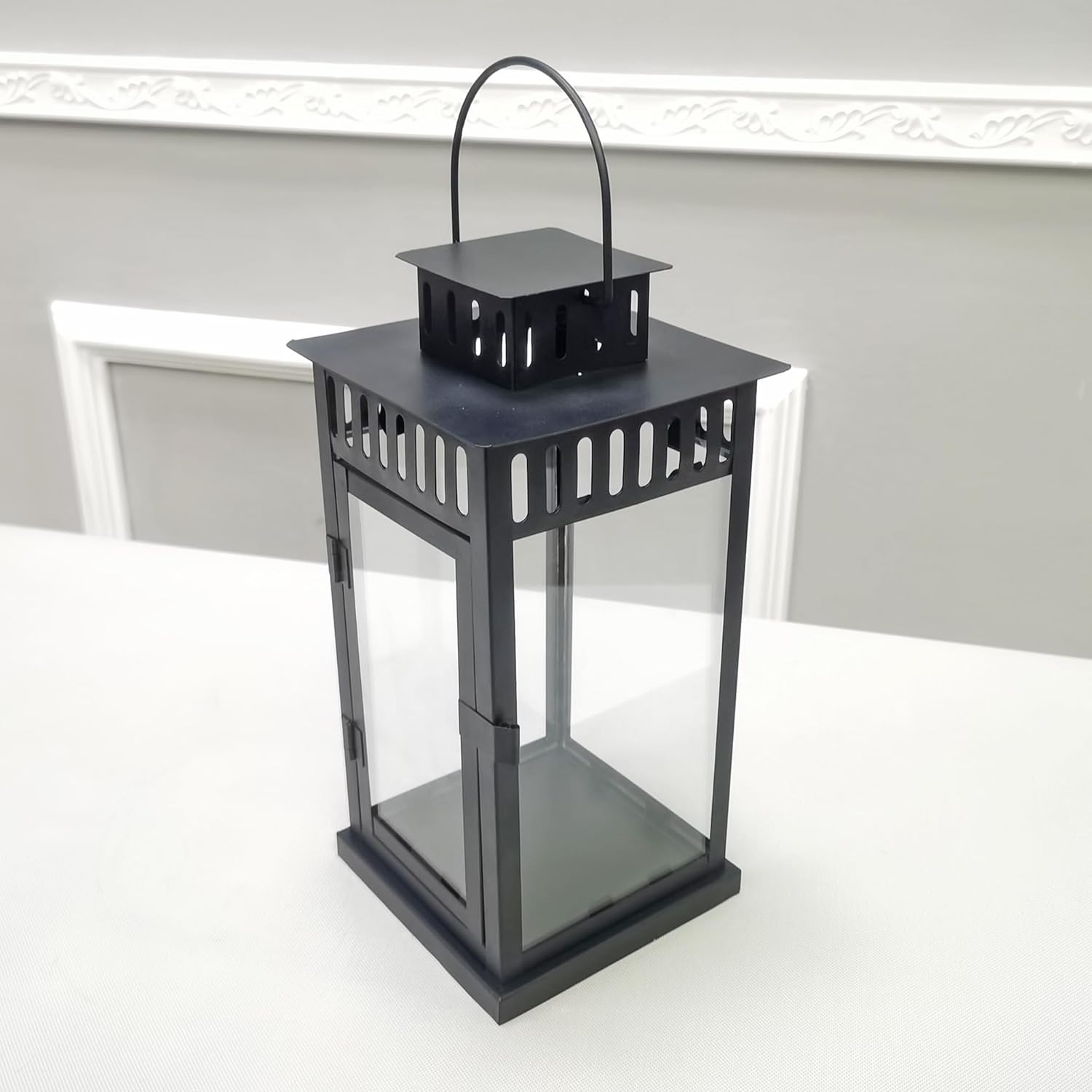 FixtureDisplays® 5.5X5.5X11" Black Lantern Tempered Glass Panel Decorative Candle Lantern Indoor Hanging for Garage, Outside, Indoor, Garden, Yard, Home Decor(Not Included LED Candle) 22029-1D