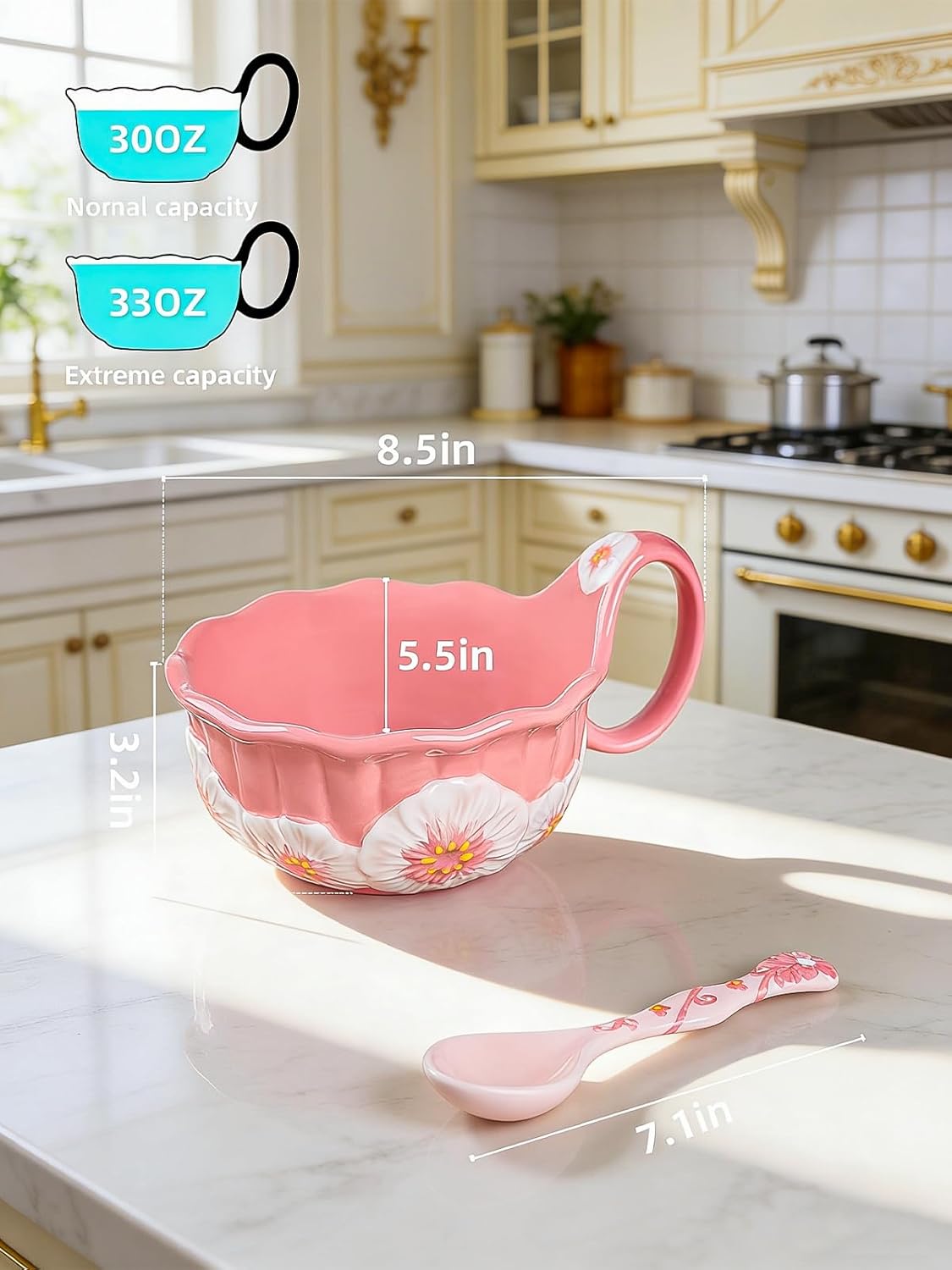 silesia Handmade Ceramic Soup Bowl with Spoon, 30 Oz Hand Painted Bowl with Loop Handle, Floral Design Cereal Bowls for Soup, Ice cream, Snack, Microwave & Dishwasher Safe (Pink)