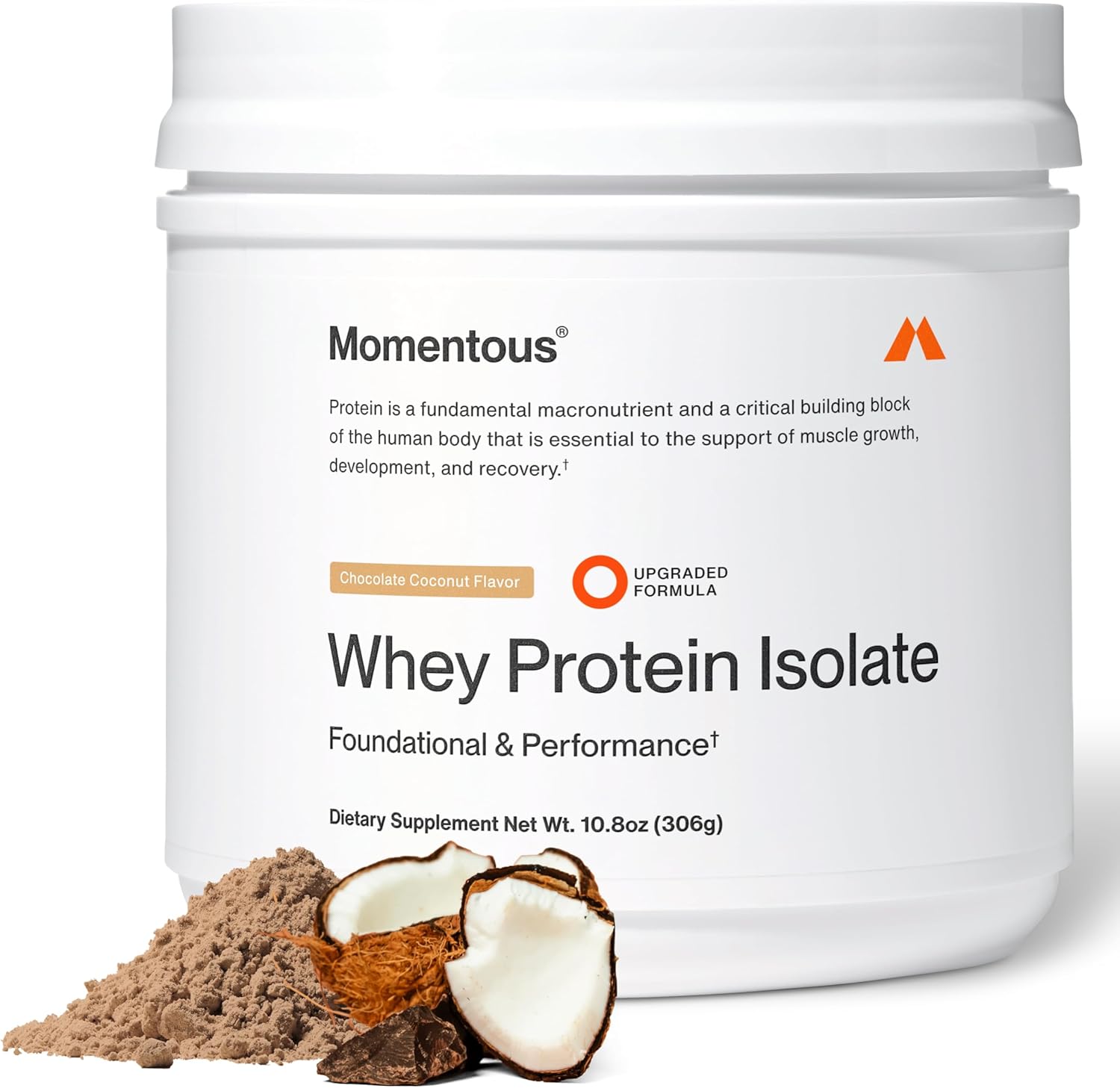 Momentous Essential Grass-Fed Whey Protein Powder - 20 g Whey Isolate Protein - NSF Certified for Sport - Gluten-Free - 12 Servings for Essential Everyday Use - Chocolate Coconut - Package May Vary