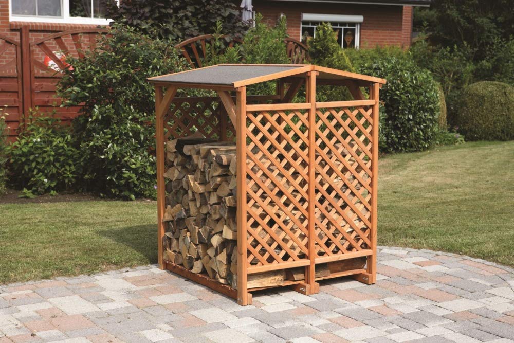 Kaminholzlager Renata, Kiefer, honigbraun, 120x118x148cm, Kaminholzregal, Holzaufbewahrung, Garten, Holzlager, Gartenkaminholzlager