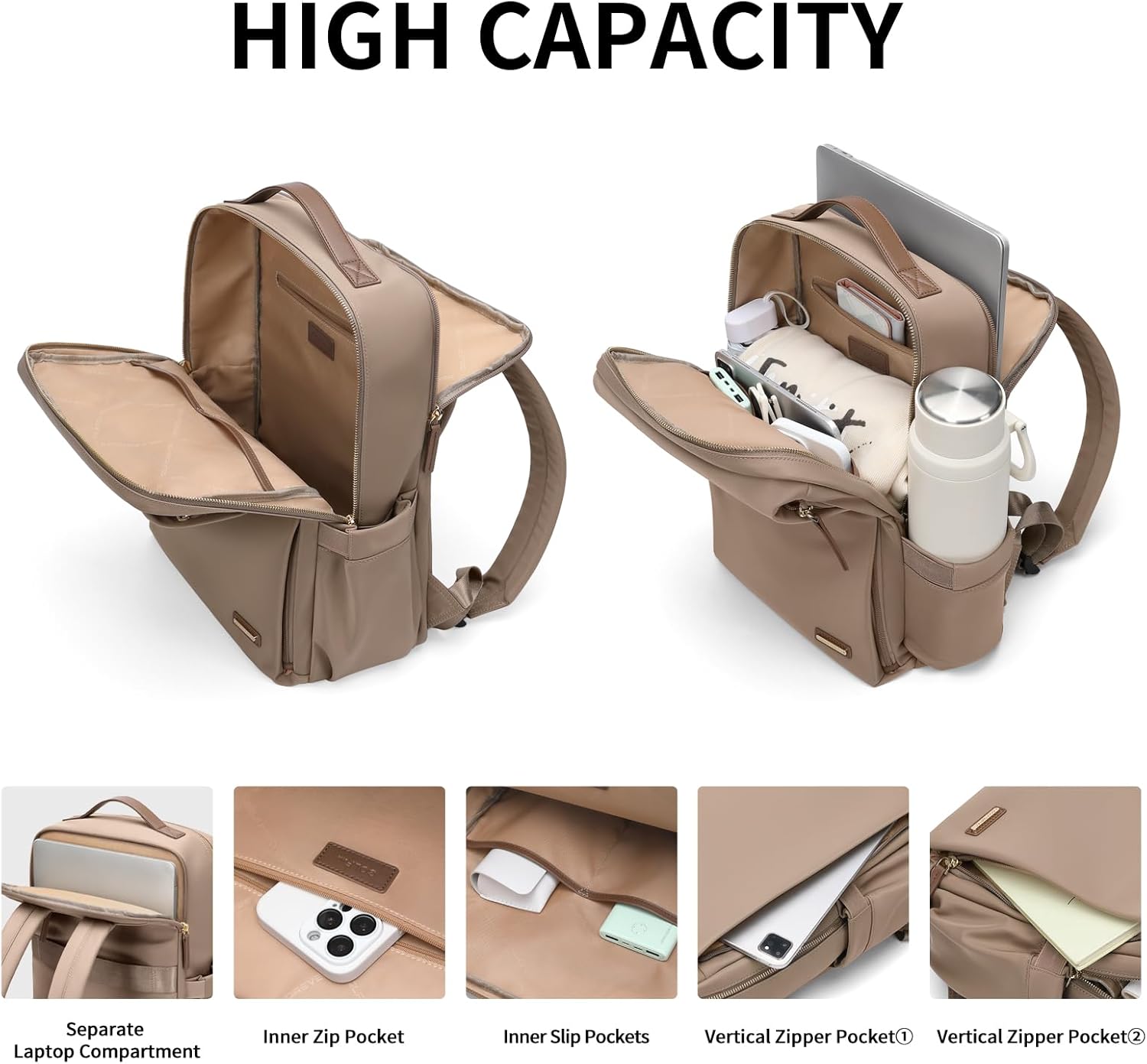 GOLF SUPAGS Stylish Laptop Backpack for Women Airline Approved Perfect for Work College and Travel Multi-Functional Casual Daypack Fits 15.6 Inch Notebook (Champagne) - Image 2