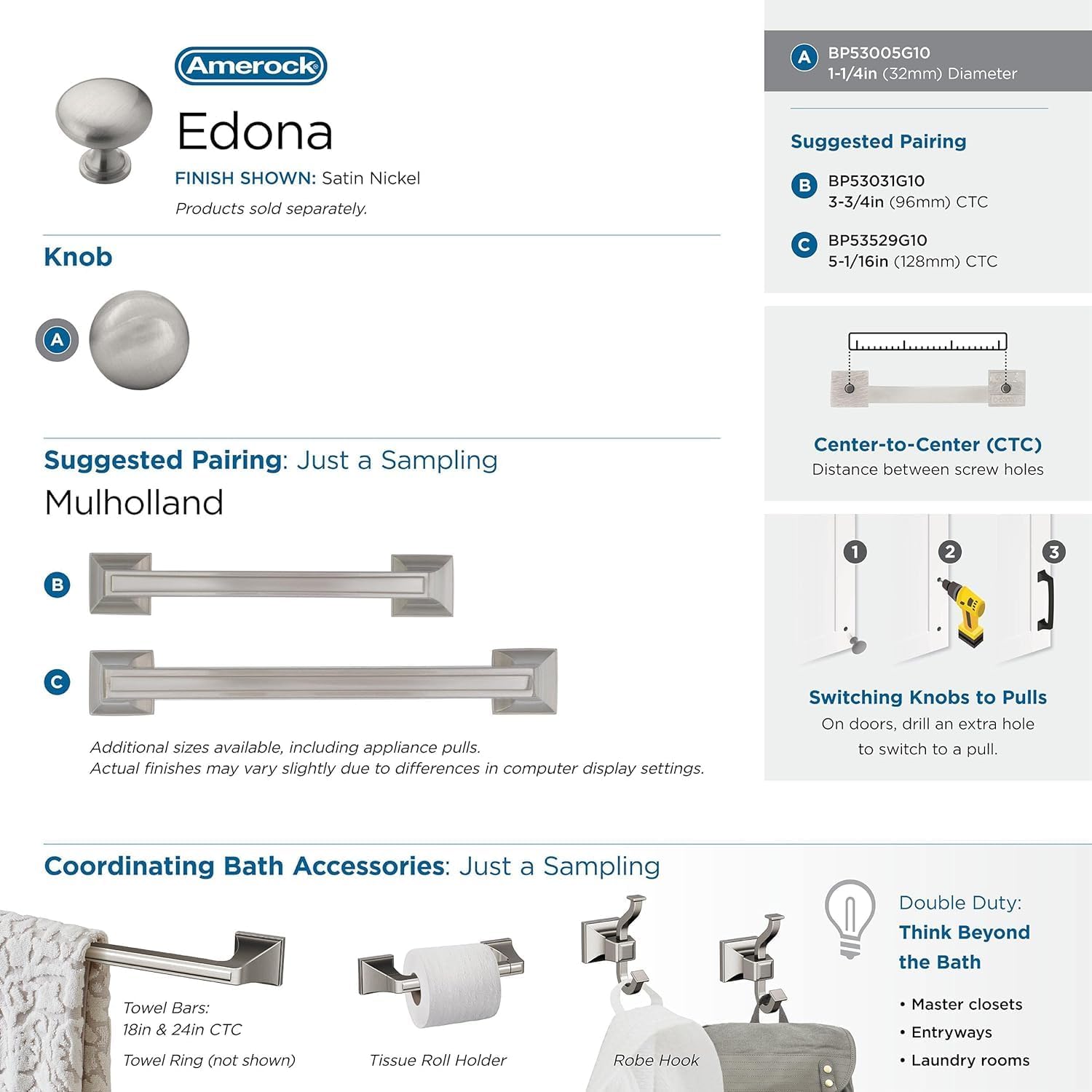 Amerock | Cabinet Knob | Satin Nickel | 1-1/4 inch (32 mm) Diameter | Edona | Drawer Knob | Cabinet Hardware (Pack of 1)