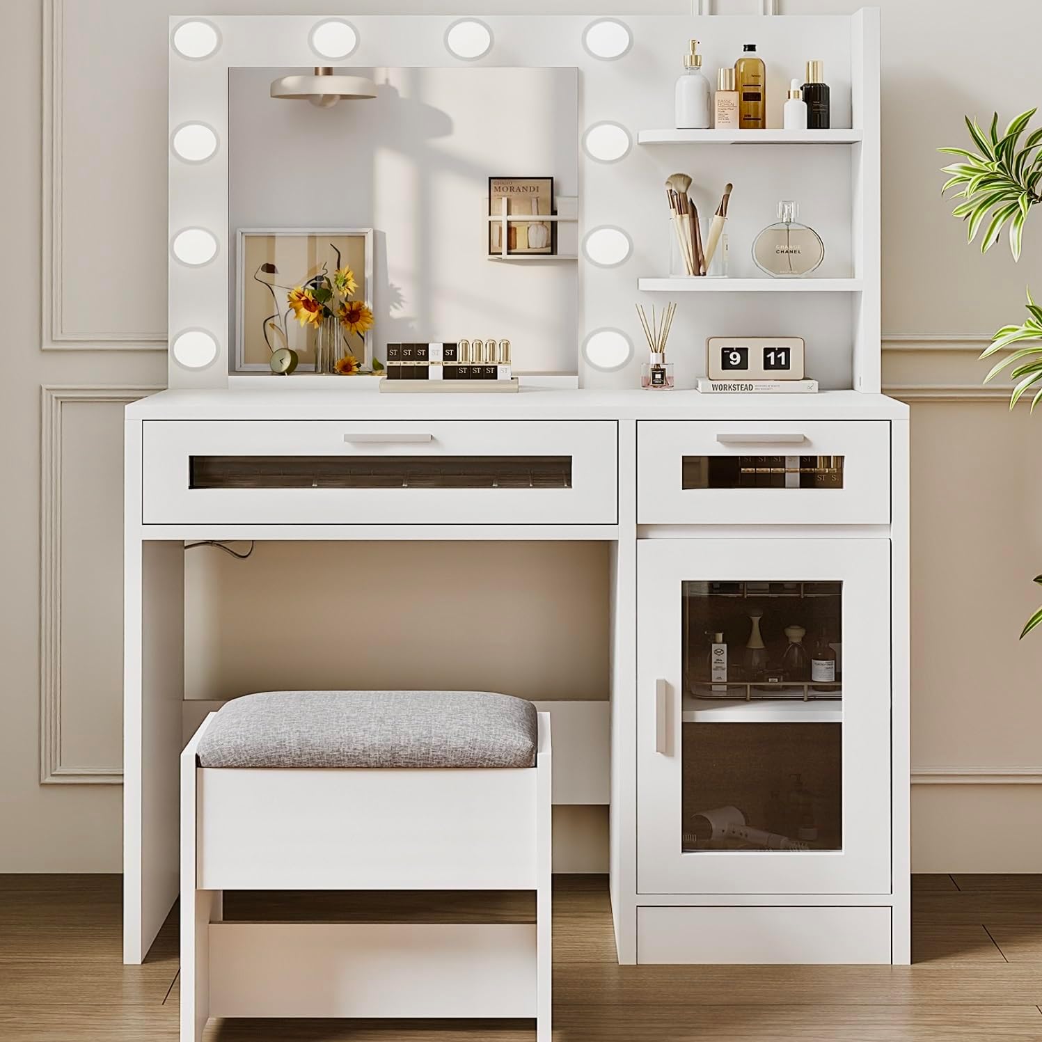 Makeup Vanity Desk Set with Lights and Mirror, White, 35.4" W x 15.7" D x 54" H (Adjustable Light Bulbs & Dimming Function, with Cushion Stool,2 Drawers and 1 Cabiniet, Open Shelves)