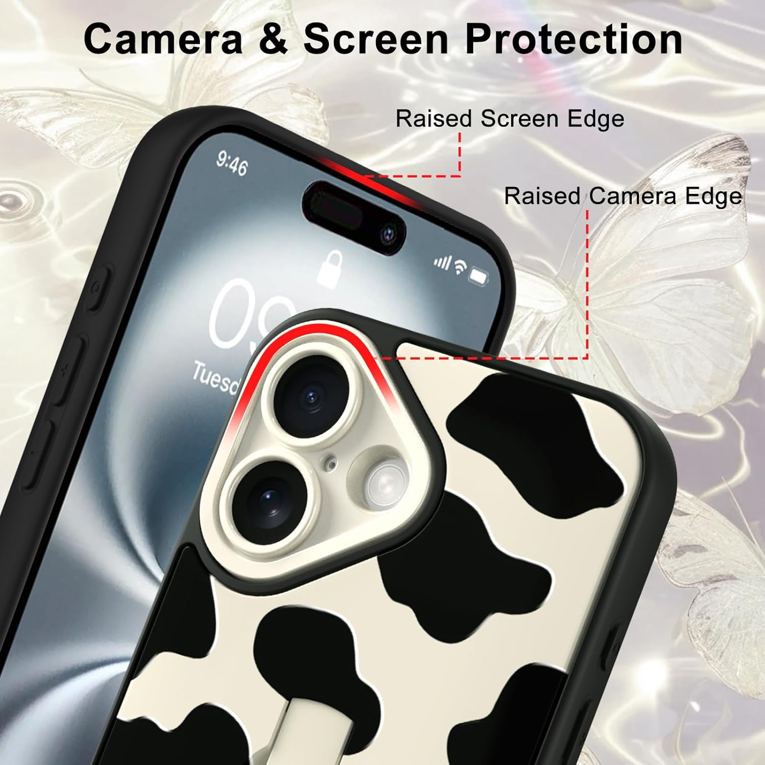 for iPhone 16 Case with Finger Strap Holder, Cute Cool Cow Print Pattern Design for Women Men, Shockproof Anti Scratch Hand Kickstand Protective Cover, White