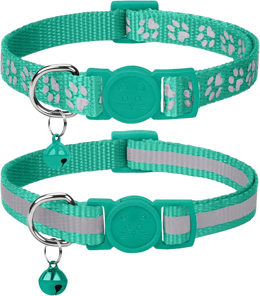 Taglory 2 Pack Reflective Breakaway Cat Collar with Bell, Turquoise | Adjustable 7.5-12.5 in, Lightweight Nylon, Safety Quick-Release Buckle, Boy Girl Kittens, Night Visibility