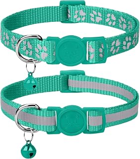 Taglory Reflective Breakaway Cat Collars with Bells, 2 Pack Adjustable 7.5-12.5" Turquoise for Safe Nighttime Visibility