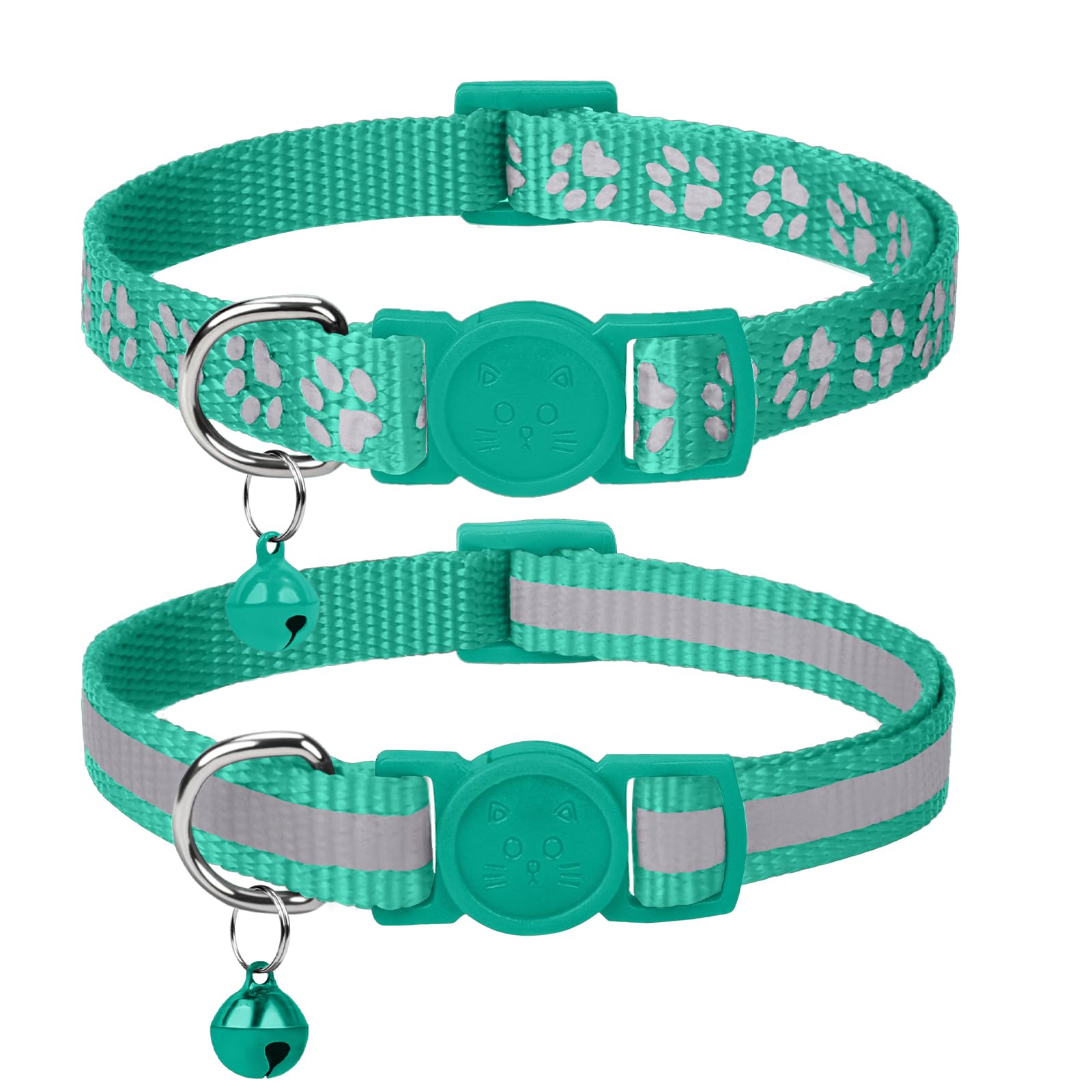 Taglory Reflective Cat Collars Breakaway with Bell, 2 Pack Girl Boy Pet Kitten Collar Adjustable 7.5-12.5 Inch, Turquoise
