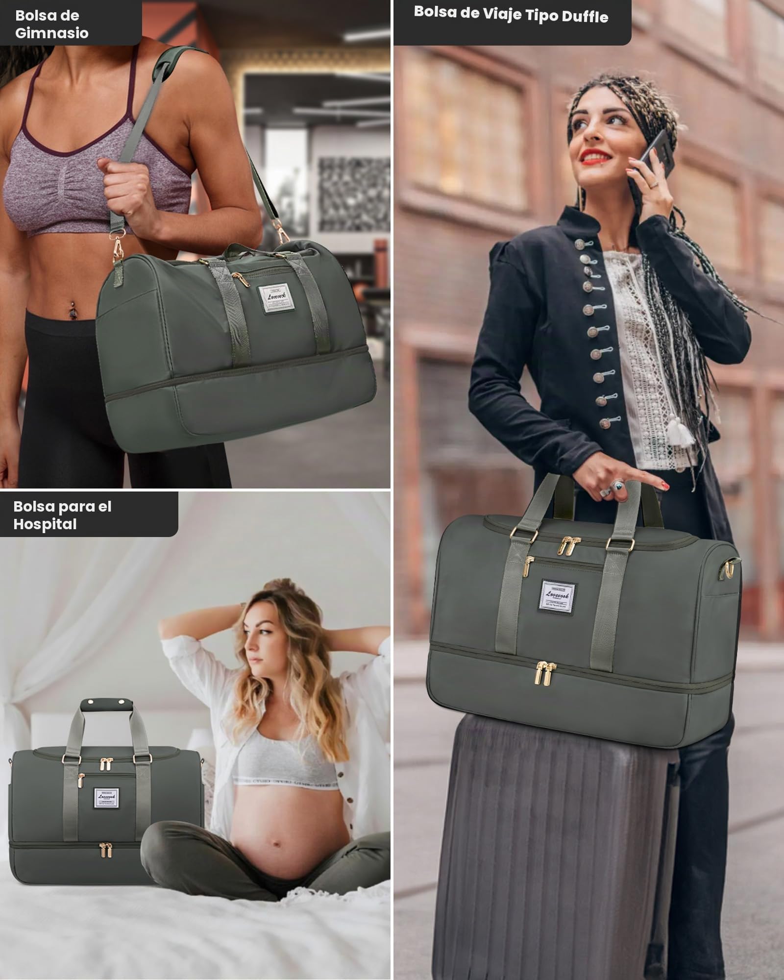 LOVEVOOK Sporttasche Reisetasche Damen Groß, Weekender Damen Reiseschen mit Kulturtasche, Schuhfach & Nassfach, Wasserdicht Gym Bag Travel Bags, Handgepäck Tasche für Sport Reise Flugzeug, verde, M