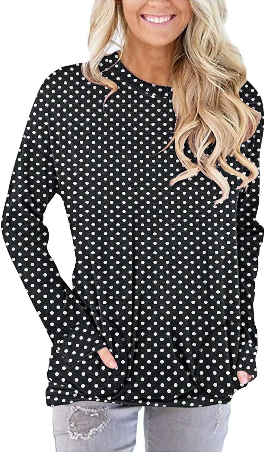 PLOKNRD Women Casual Round Neck Long Sleeve Fit Tunic Top Baggy Comfy Blouse with Pockets