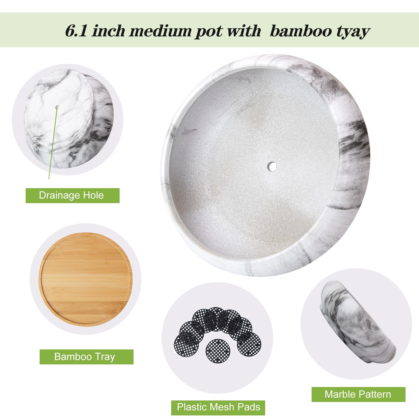ARTKETTY Sukkulentententöpfe - 18,5 cm große Blumentöpfe, 2er-Set, flache Bonsai-Töpfe mit Drainageschale, Keramik-Pflanzgefäße für den Innenbereich, Kaktus, Marmor, Blume, Pflanzgefäß, Schale