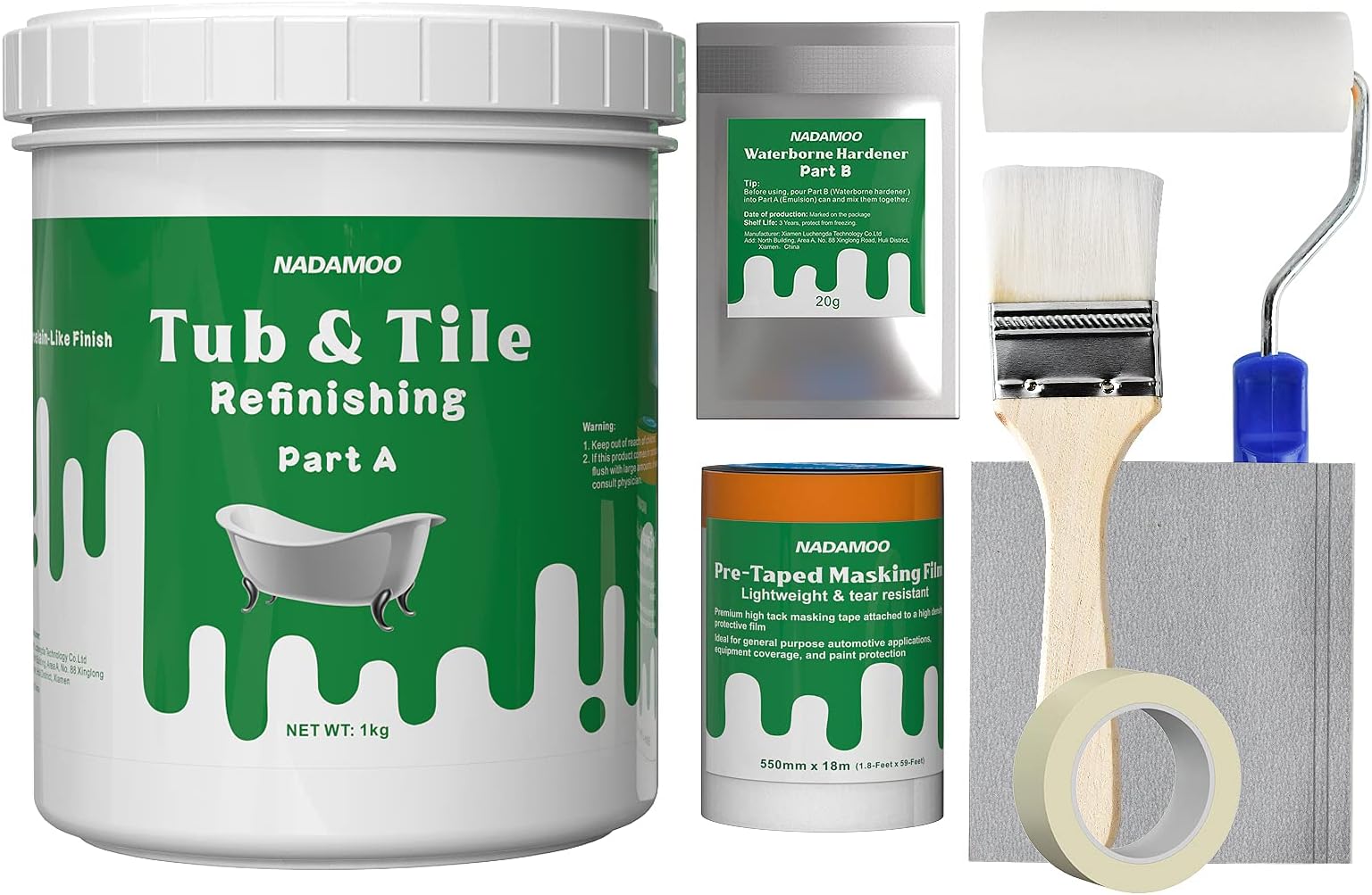 Tub and Tile Refinishing Kit (1kg / 35 oz, with tools), Bathtub Sink Countertop DIY Paint Kit for Bathroom Kitchen Porcelain Fiberglass, Semi-gloss White Coat