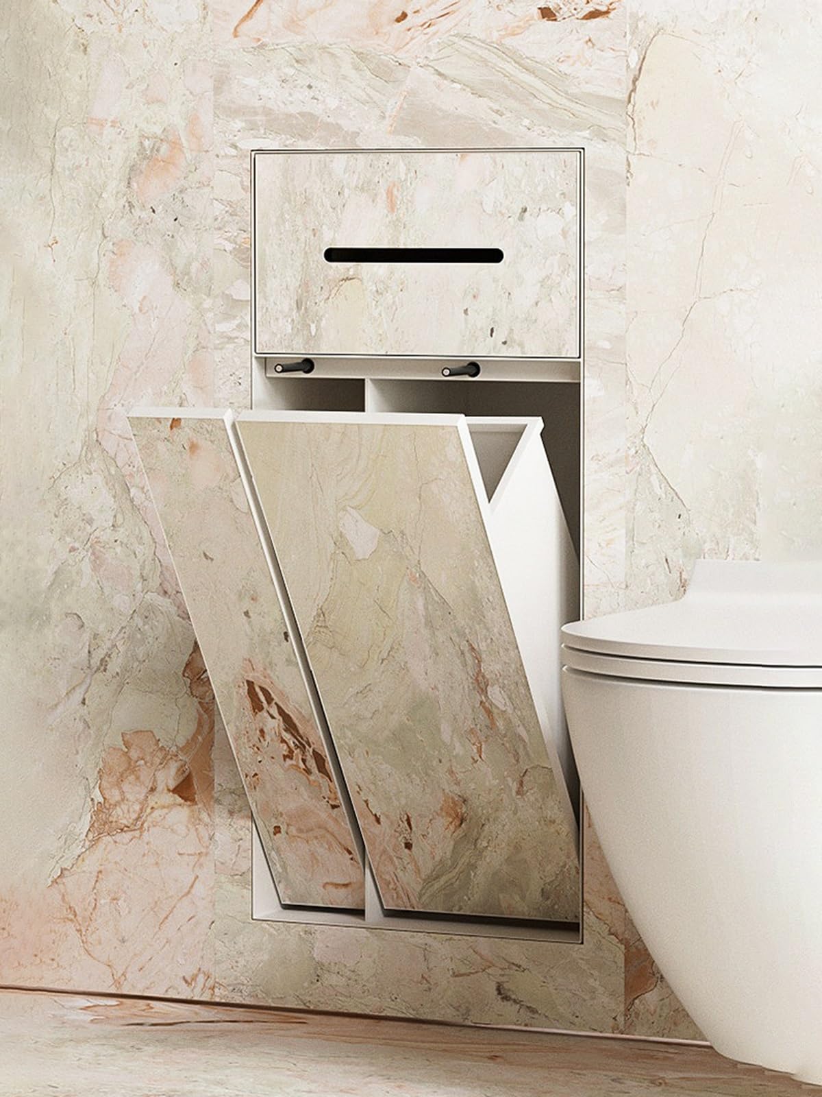 Wall Mounted Toilet Roll Holder With Brush Storage, Waterproof Bathroom Trash Can for Hotel & Restaurant, Recessed Tile Insert Wall Niche Tissue Dispenser(White)