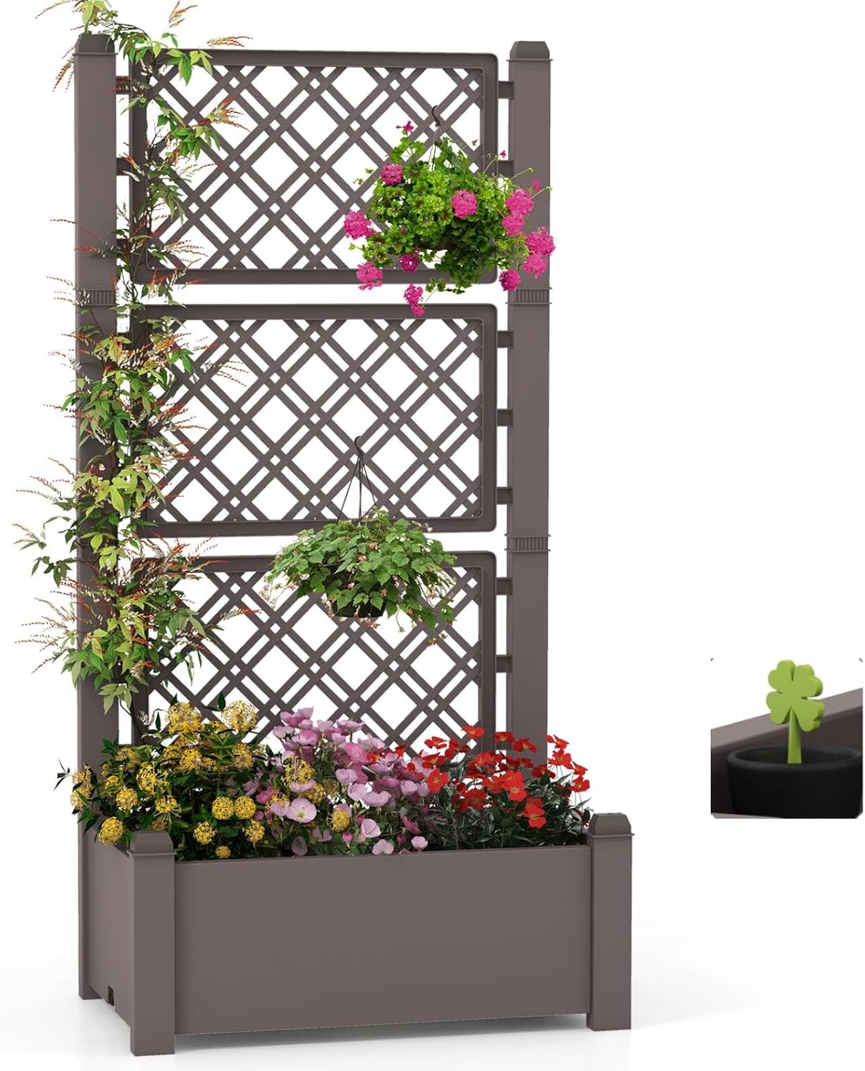 TANGZON Wooden Raised Garden Bed with Detachable 3-Height Trellis, Self-Watering Outdoor Planter Box with Water Level Indicator & Removable Space Dividers, Elevated Trough Planter Support Box (Coffee)