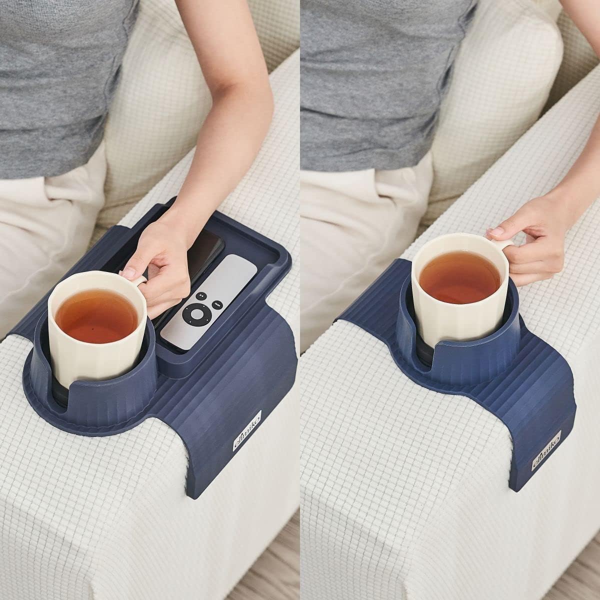 Elimiko Silicone Couch Cup Holder Tray and Couch Cup Holder, Anti-Spill & Anti-slip, for Oversized Mugs, Gifts for Mom, Dad, Husband, Grandma, Grandpa (Navy Blue)