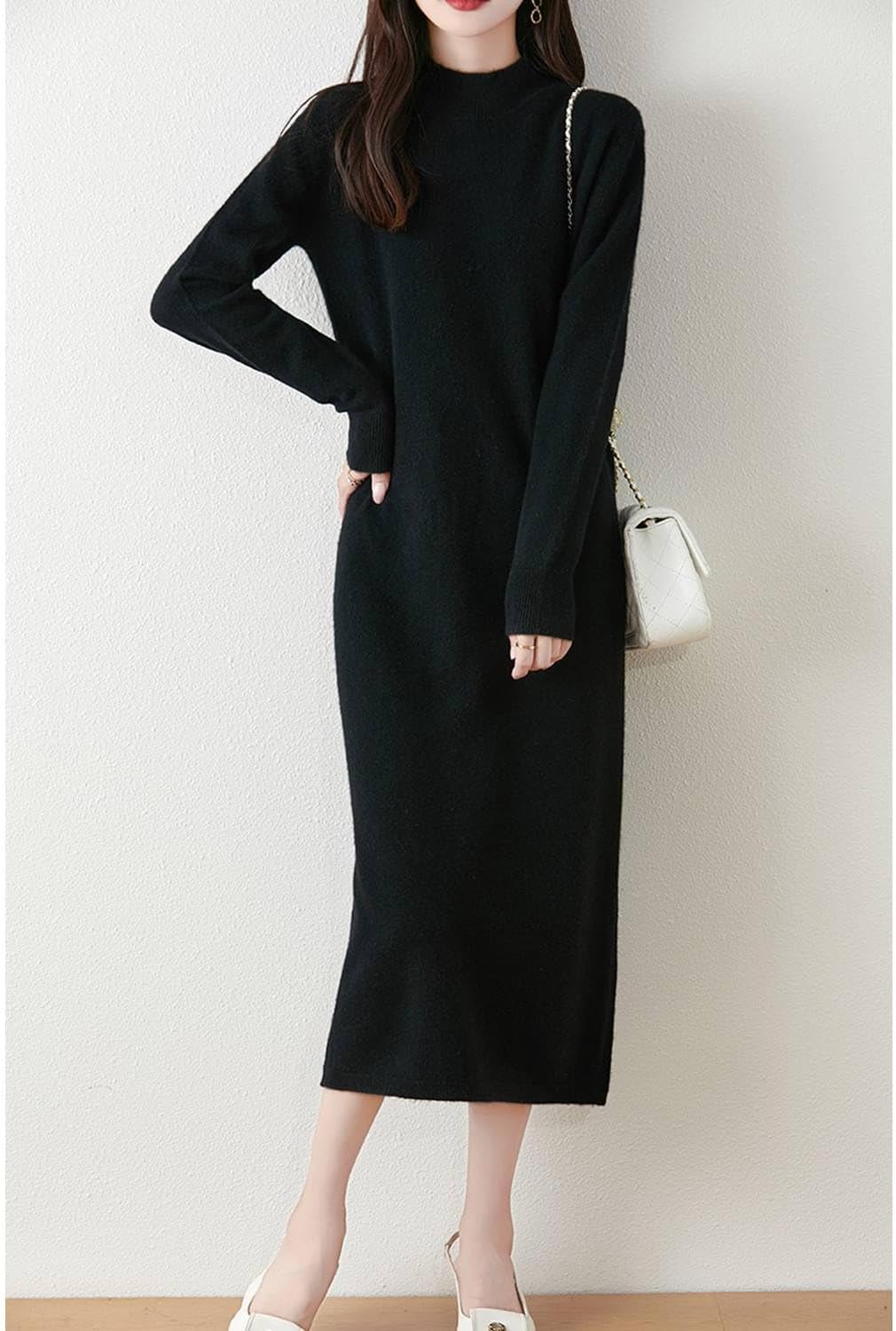 100% Merino Wool Sweater Dress Women's Long Sleeve Mock Neck Ribbed Jumper Fall Winter Knitted Long Tops - Image 2