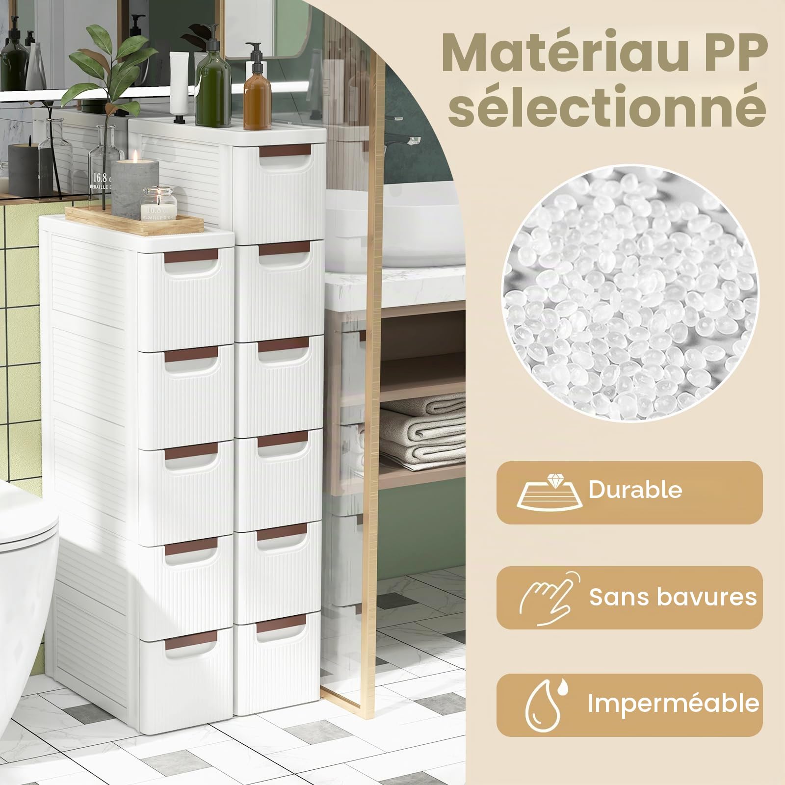 KOMFOTTEU Meuble de Rangement étroite avec Tiroirs, Colonne de Salle de Bain avec 4 Roulettes, Commode de Stockage Gain de Place, Plastique (5 Tiroirs, lot de 1, 42 x 19 x 91 cm)