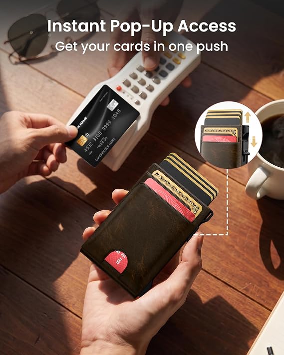 Wallet for Men Card Holder: Pop Up Card Case, Genuine Leather, Smart, RFID Blocking, Slim, Minimalist, Thin, Front Pocket - 12 Card Capacity, ID Window, Money Clip (Bronze)