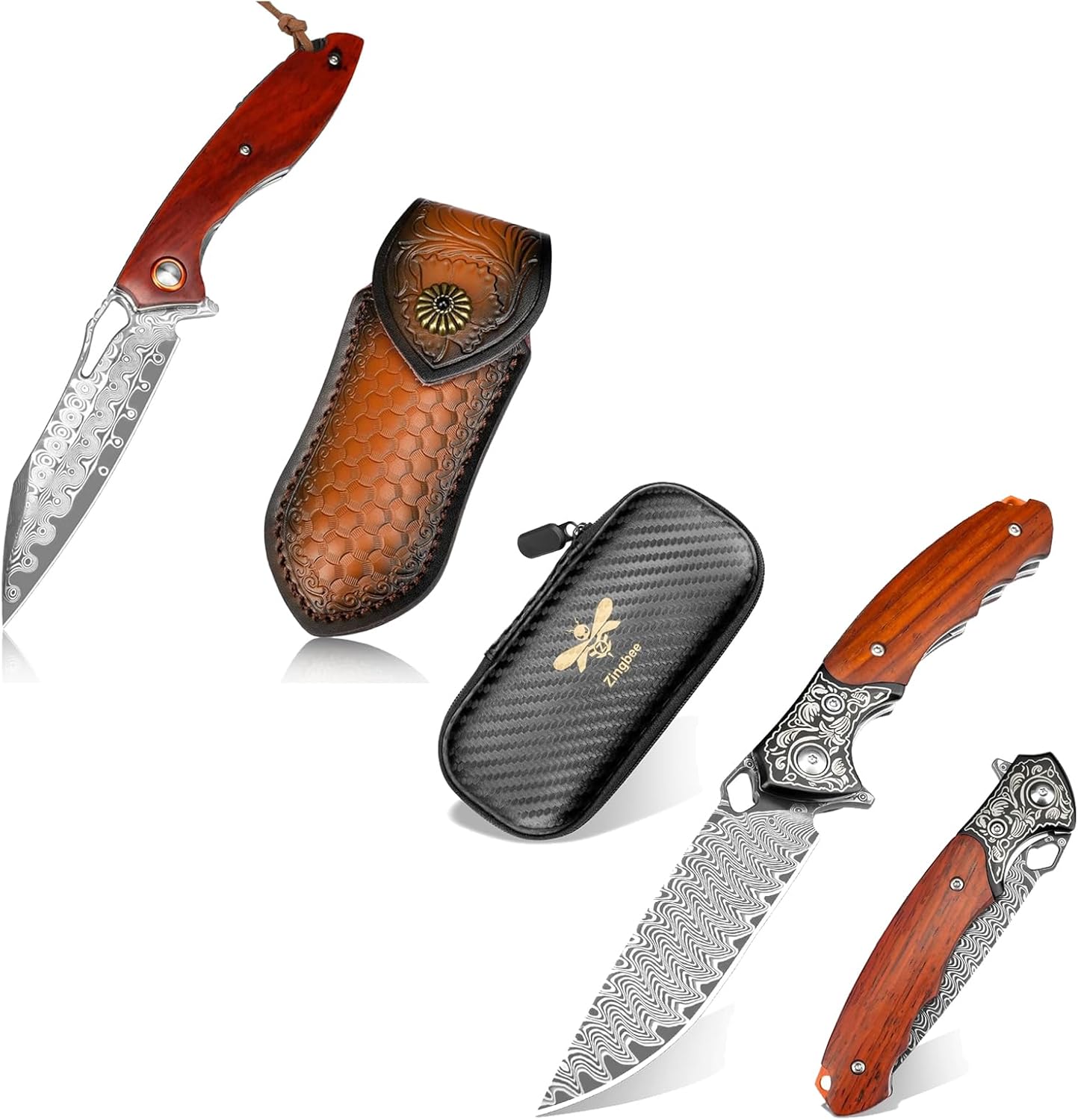 3.5" Damascus Pocket Knife with Wood Handle & 3.39" Damascus Pocket Knife with Wood Handle