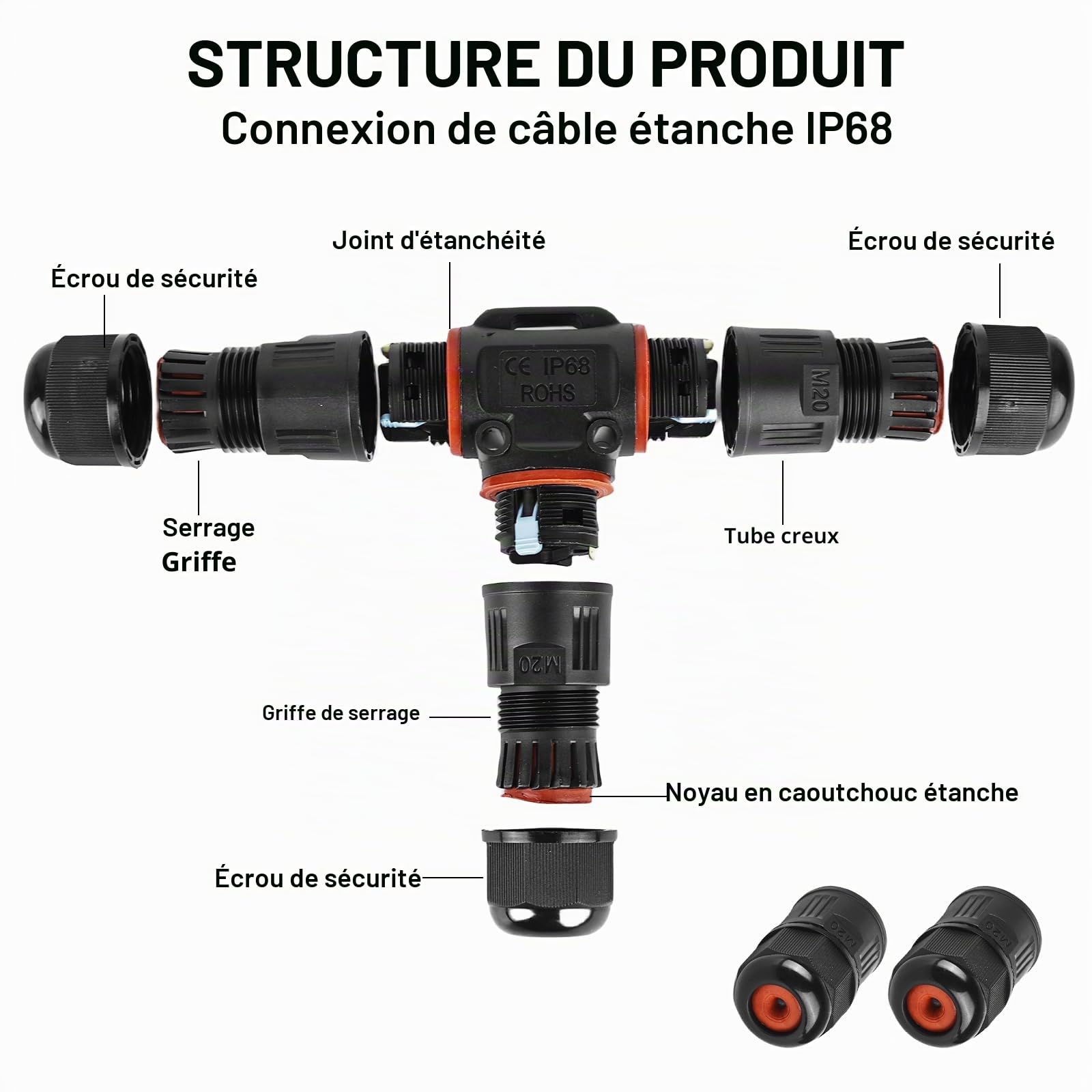 Connecteur de câble à 3 broches, IP68, boîte de jonction pour câble de terre de 3 à 12 mm de diamètre, boîte de jonction extérieure étanche, noir