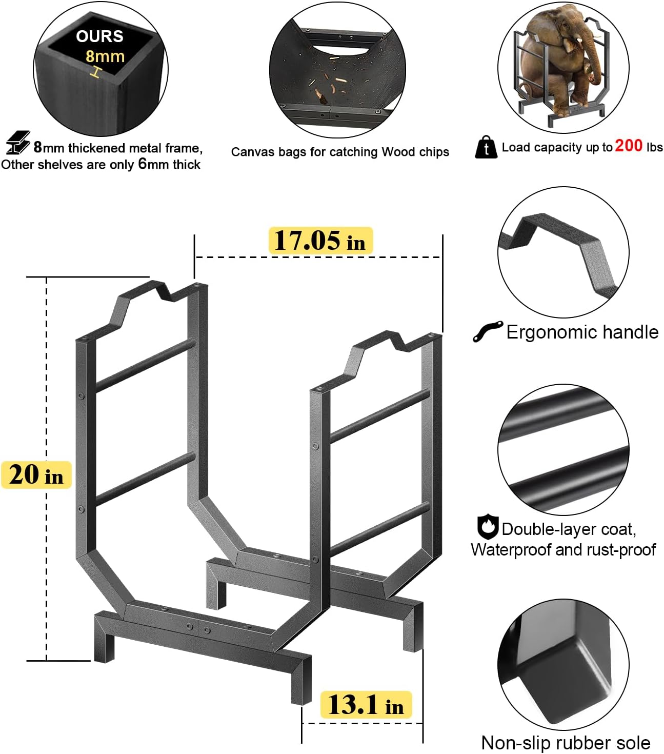 Firewood Rack Indoor Outdoor, Log Firewood Holder Indoor with Leakproof Bag, Heavy Duty Metal Wood Rack for Fireplace Patio Deck, Firewood Storage Rack Organizer Tool, Waterproof & Rustproof, Black